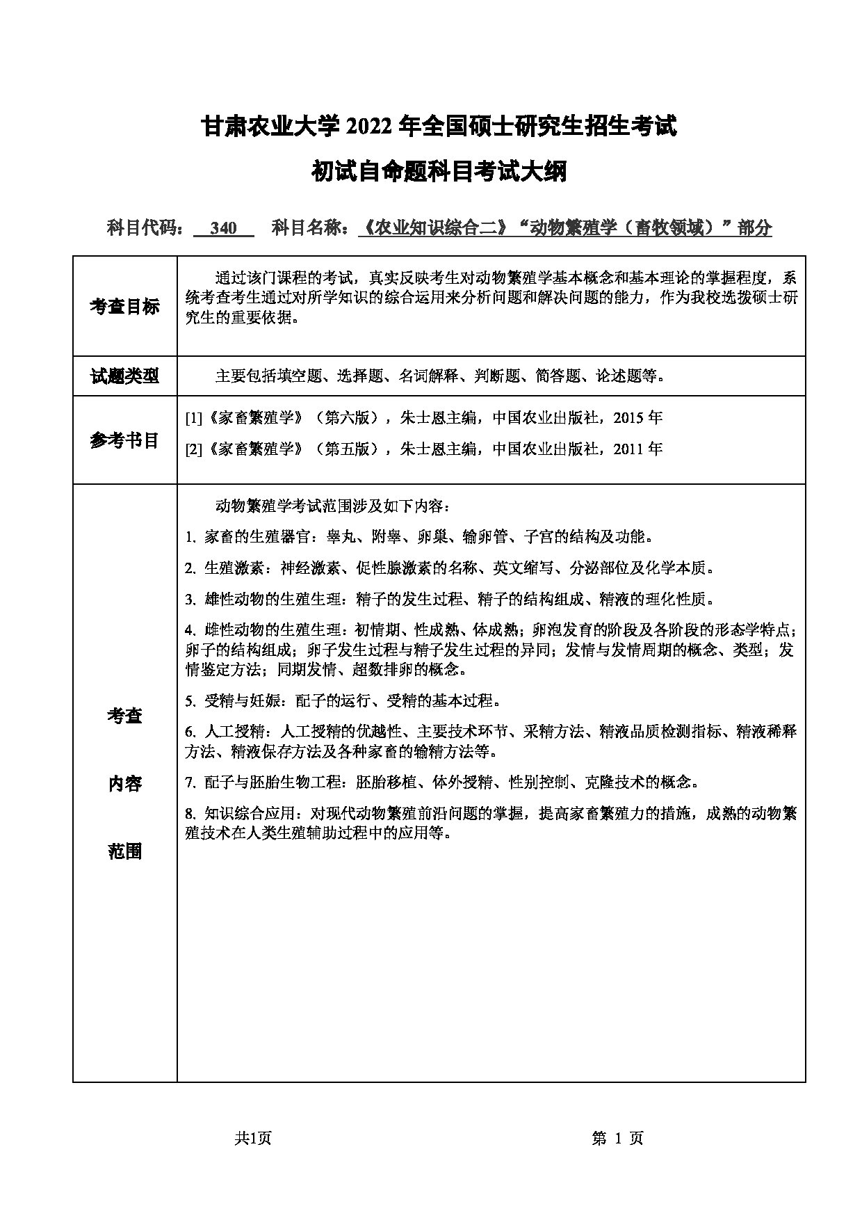 2022考研大纲:甘肃农业大学2022年考研初试科目 340-《农业知识综合二》(“动物繁殖学(畜牧领域)”部分)考试大纲 考试大纲第1页 2022考研大纲:甘肃农业大学2022年考研初试科目 340-《农业知识综合二》(“动物繁殖学(畜牧领域)”部分)考试大纲 考试大纲第1页