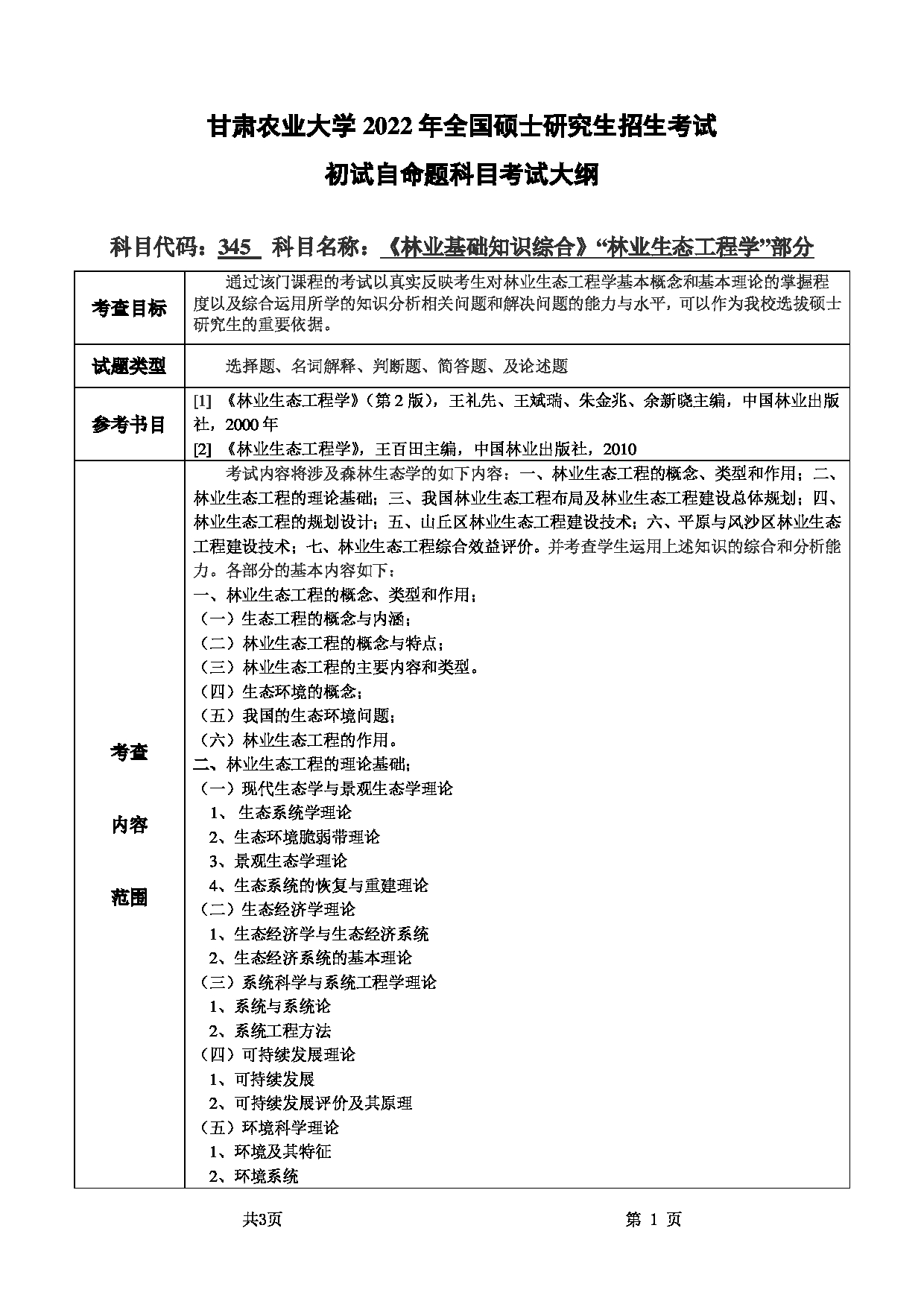 2022考研大纲:甘肃农业大学2022年考研初试科目 345-《林业基础知识综合》(“林业生态工程”部分)考试大纲 考试大纲第1页 2022考研大纲:甘肃农业大学2022年考研初试科目 345-《林业基础知识综合》(“林业生态工程”部分)考试大纲 考试大纲第1页