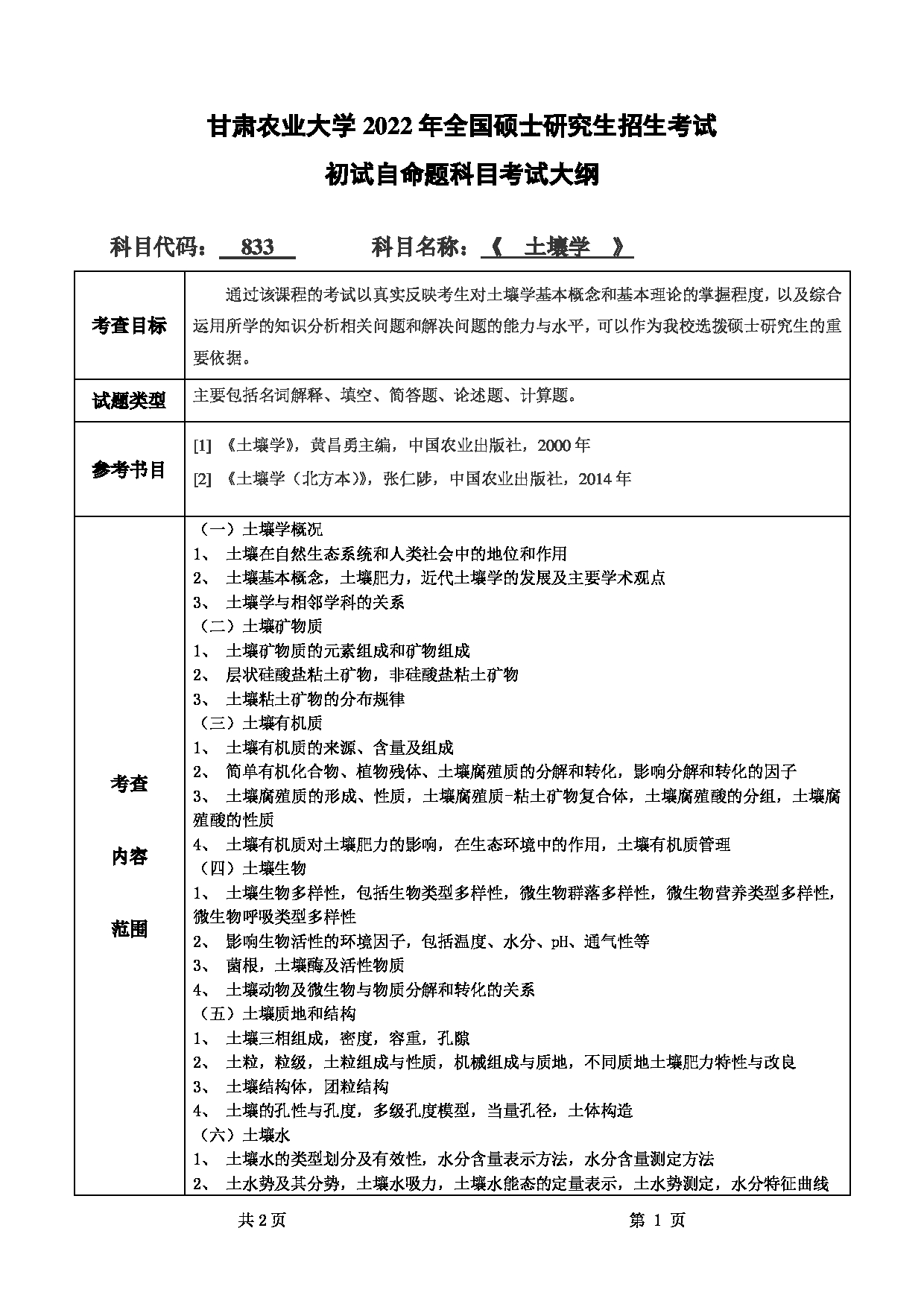2022考研大纲：甘肃农业大学2022年考研初试科目 833-《土壤学》考试大纲 考试大纲第1页