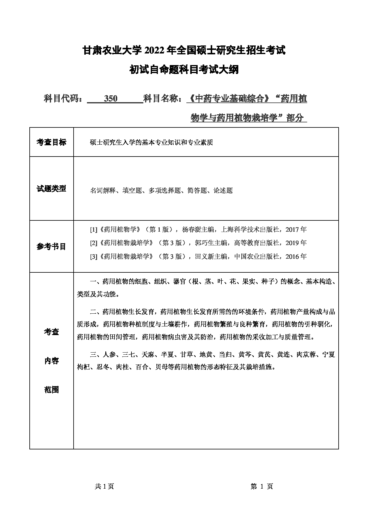 2022考研大纲：甘肃农业大学2022年考研初试科目 350-《中药专业基础综合》（“药用植物学与药用植物栽培学”部分）考试大纲 考试大纲第1页