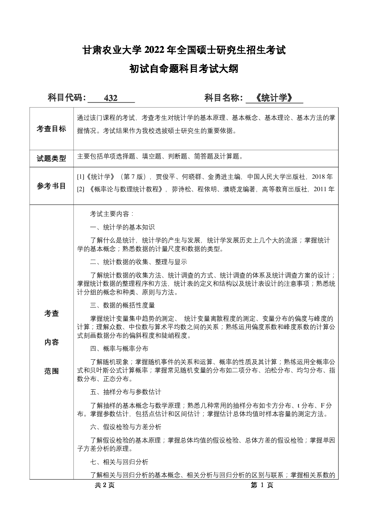 2022考研大纲：甘肃农业大学2022年考研初试科目 432-《统计学》考试大纲 考试大纲第1页