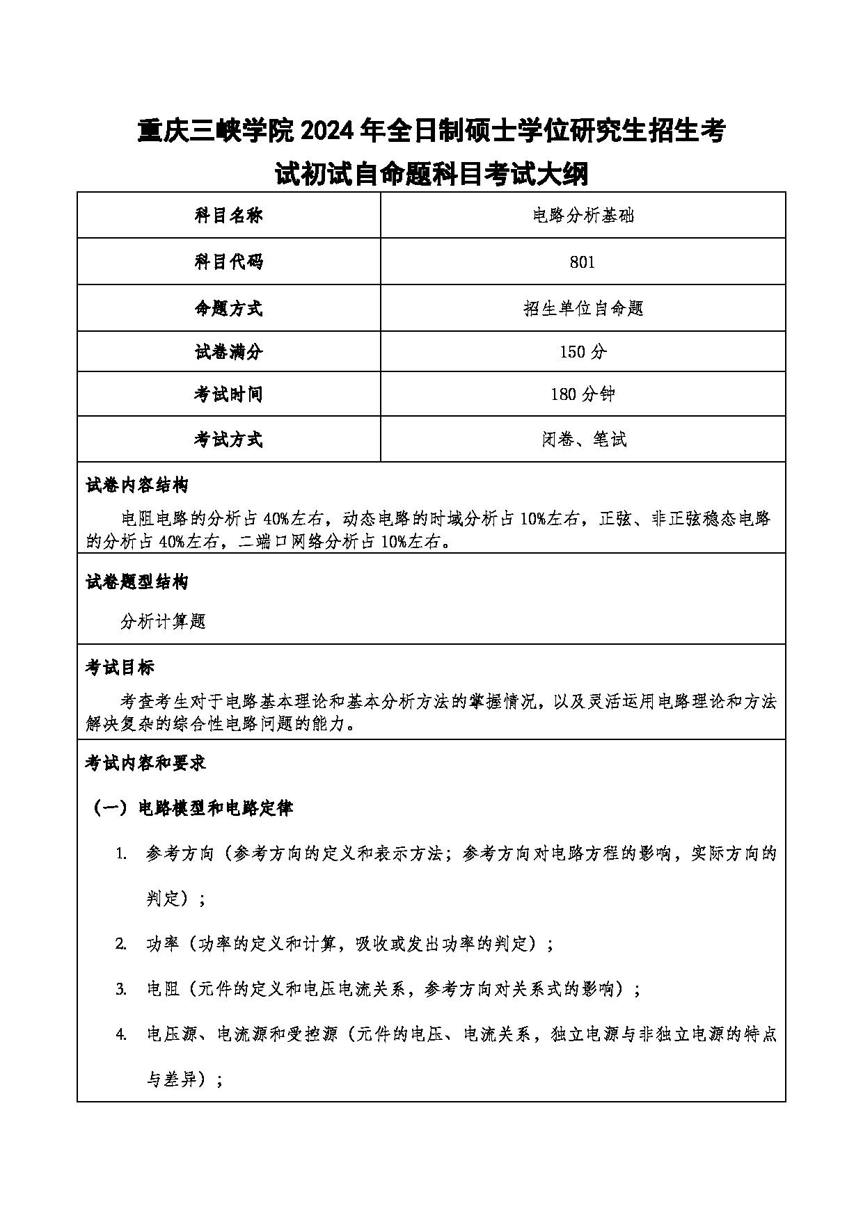 2024考研大纲：重庆三峡学院2024年考研 004机械工程学院 1.初试自命题科目801电路分析基础 考试大纲第1页