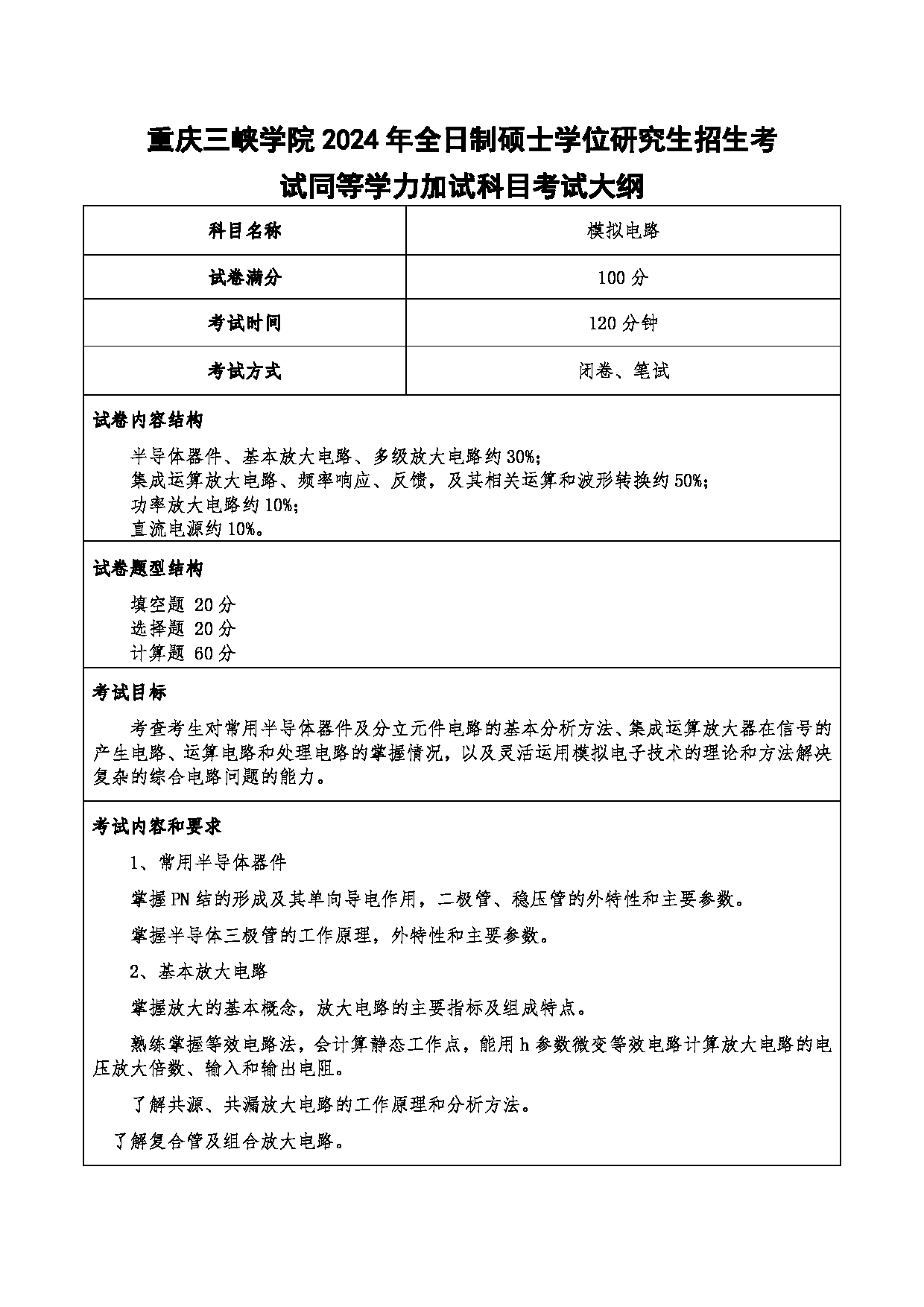 2024考研大纲：重庆三峡学院2024年考研 003电子与信息工程学院 3.同等学力加试科目模拟电路 考试大纲第1页