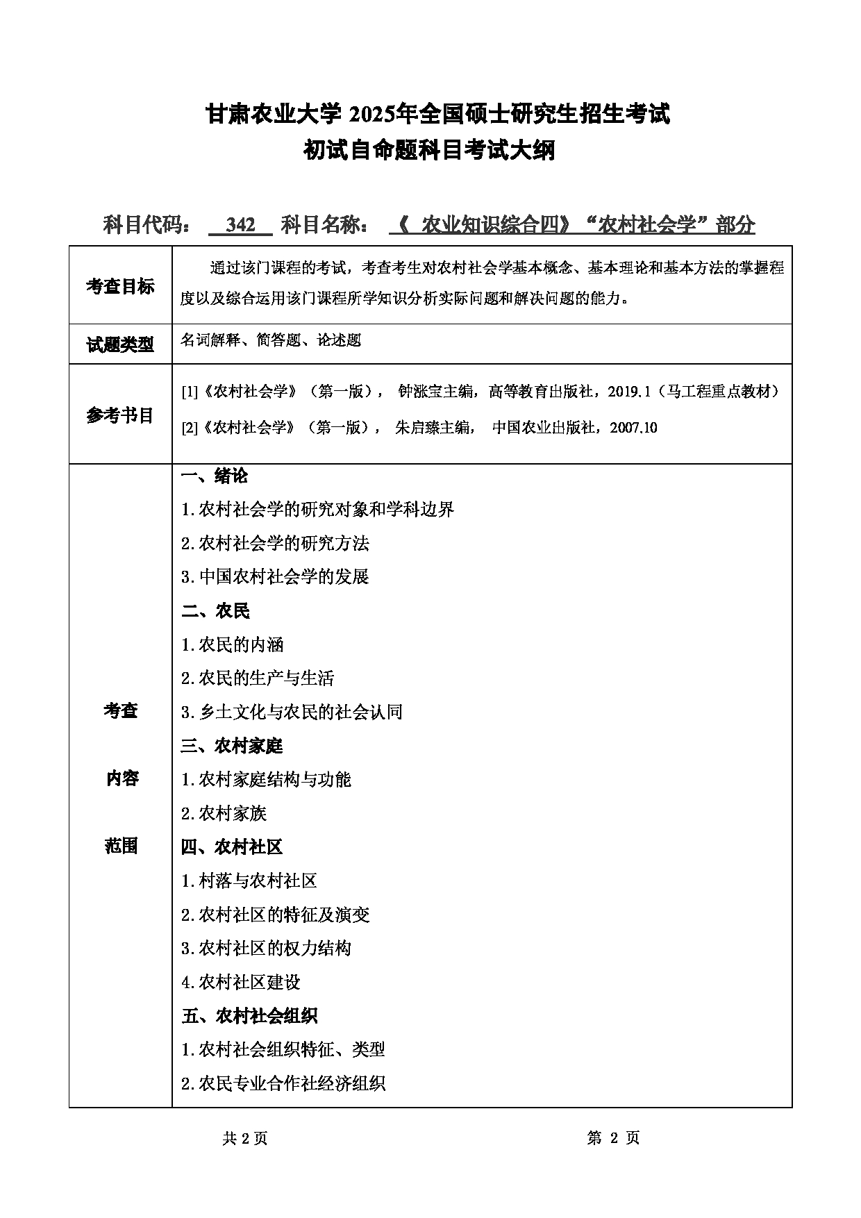 2025考研大纲：甘肃农业大学2025年考研342农业知识综合四（“农村社会学”部分）考试大纲第1页