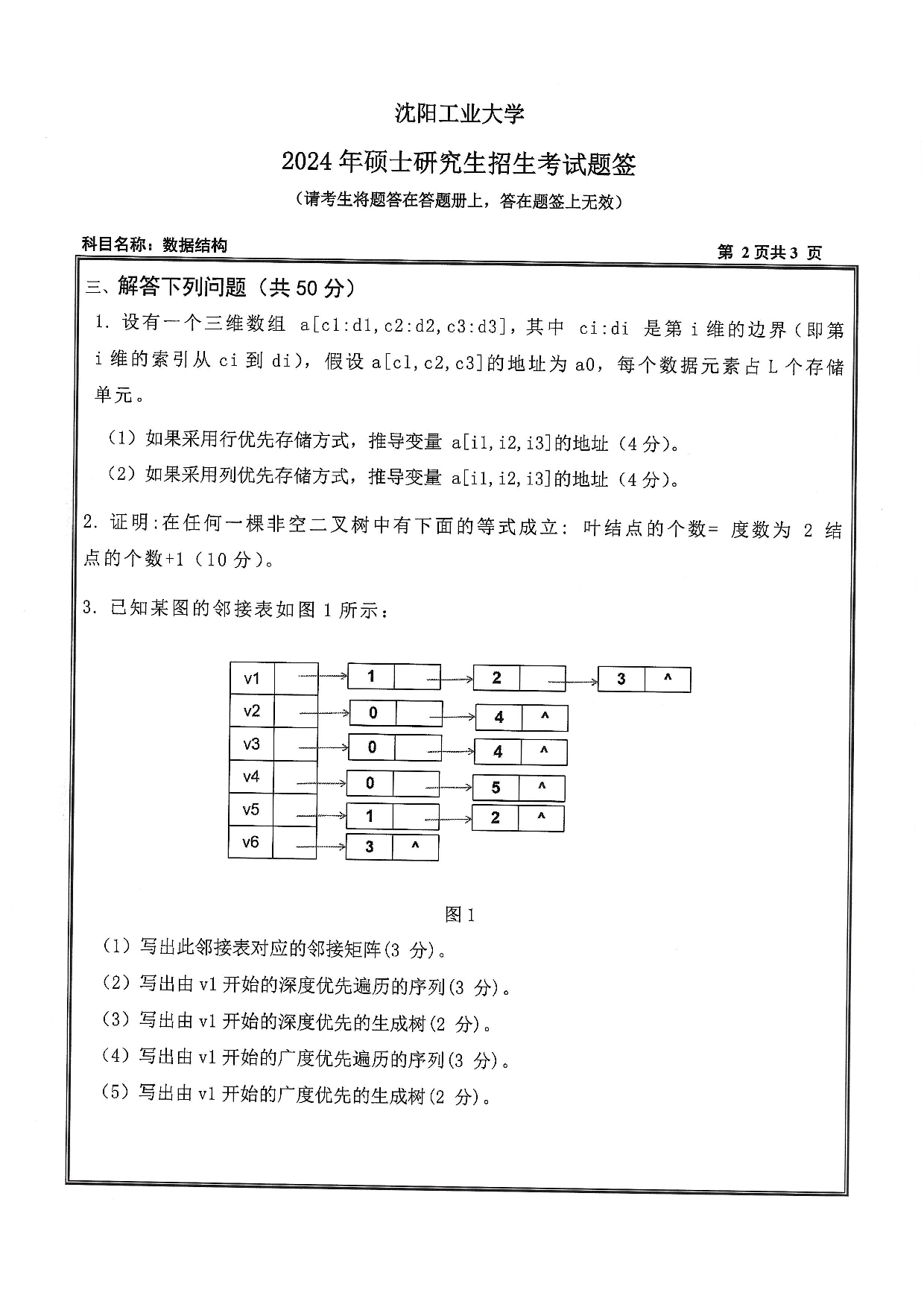 沈阳工业大学2024年考研真题：004 信息科学与工程学院-808 数据结构（2024）第2页