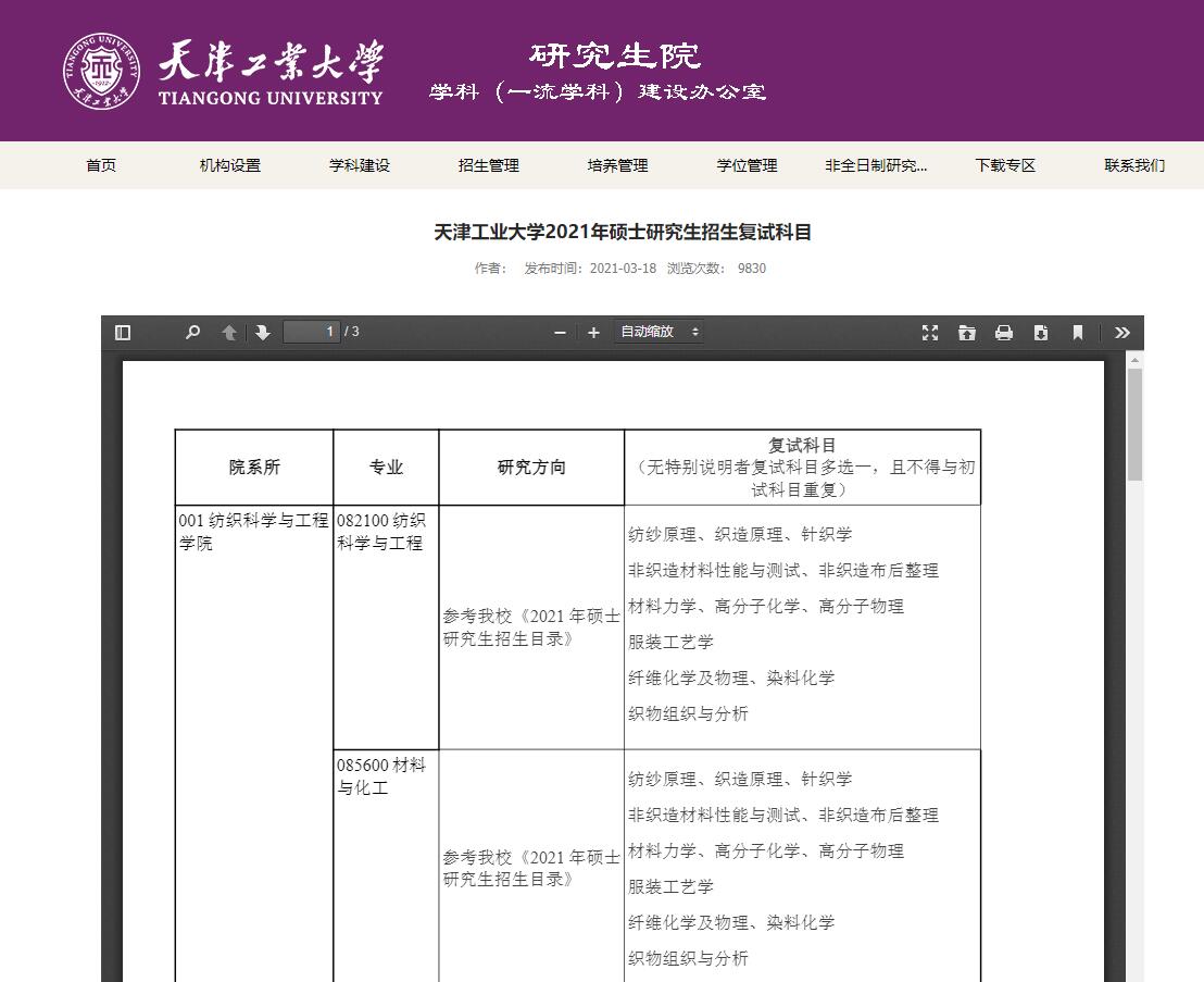 天津工业大学2021年硕士研究生招生复试科目