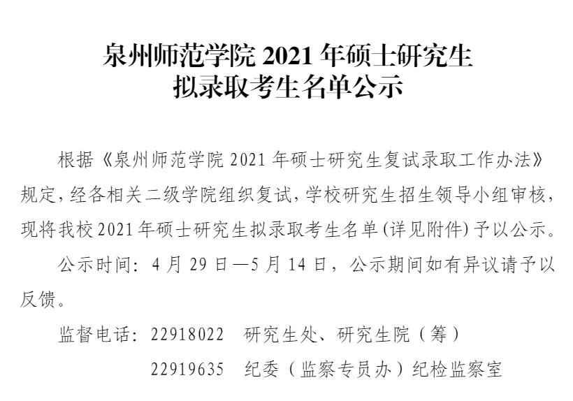 泉州师范学院2021年硕士研究生拟录取考生名单