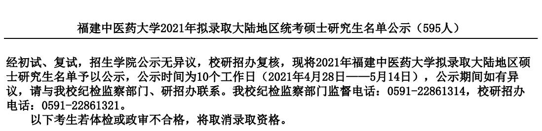 福建中医药大学2021年拟录取大陆地区统考硕士研究生名单公示