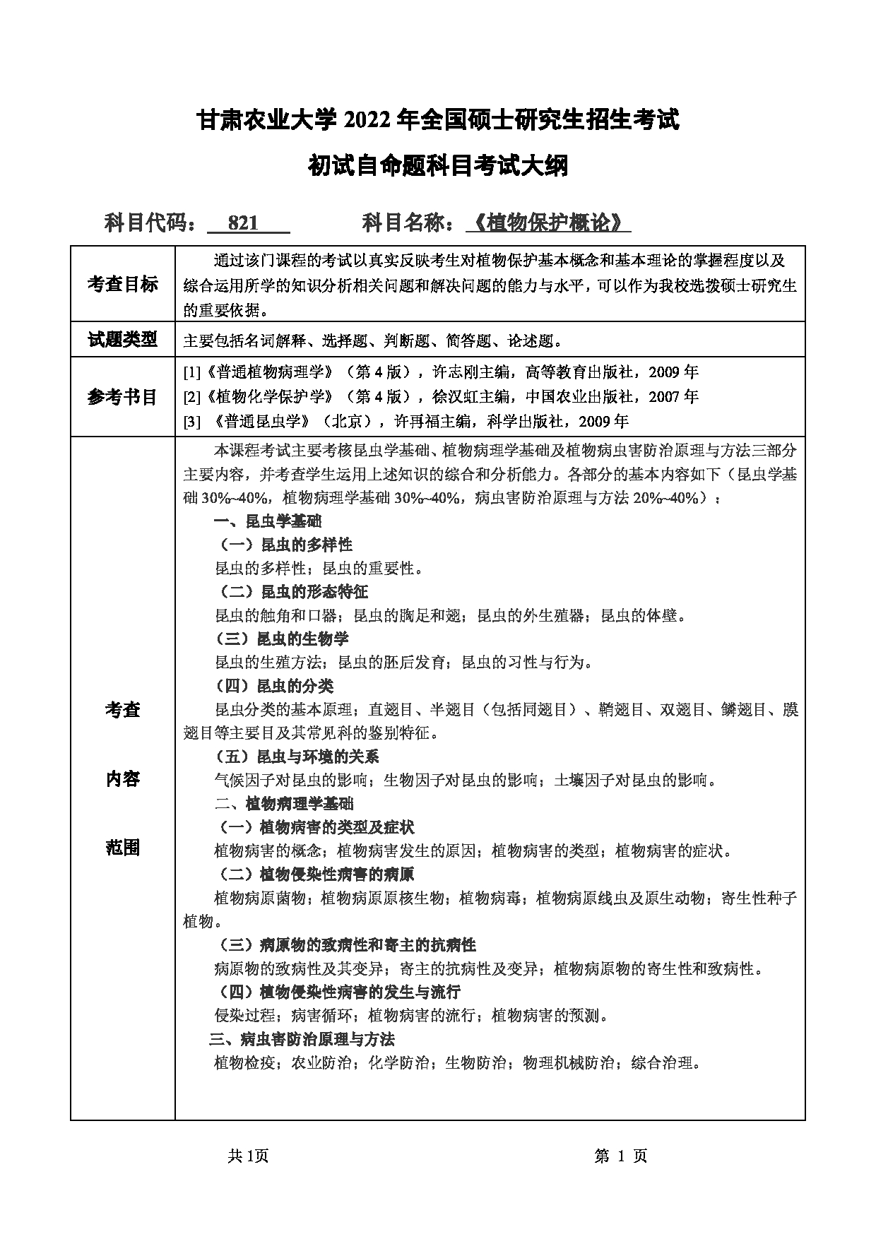 2022考研大纲：甘肃农业大学2022年考研初试科目 821-《植物保护概论》考试大纲 考试大纲第1页