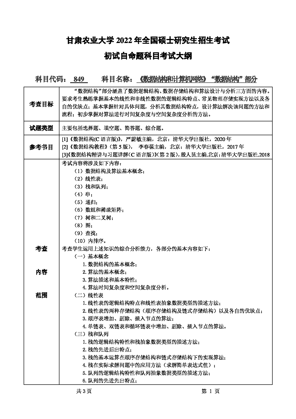 2022考研大纲：甘肃农业大学2022年考研初试科目 849-《数据结构和计算机网络》（“数据结构”部分）考试大纲 考试大纲第1页