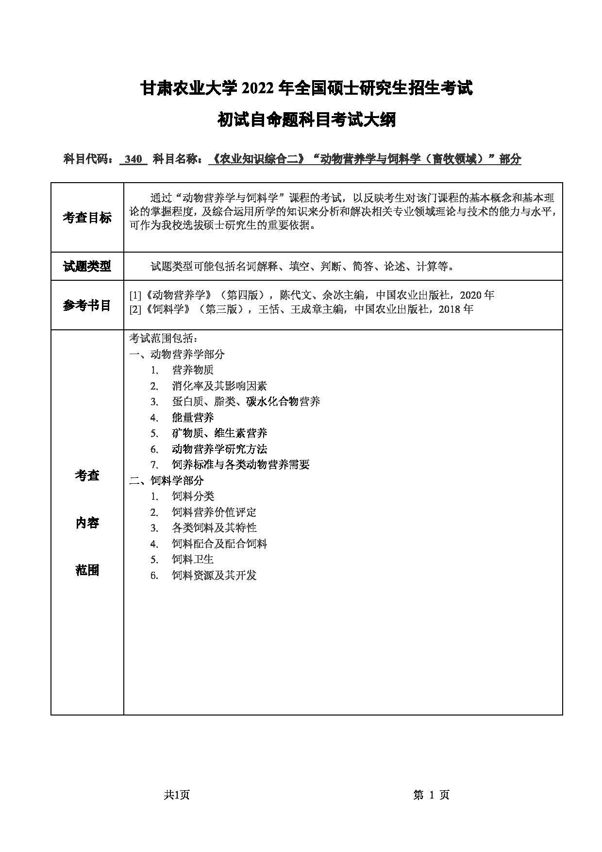 2022考研大纲：甘肃农业大学2022年考研初试科目 340-《农业知识综合二》（“动物营养学与饲料学（畜牧领域）”部分）考试大纲 考试大纲第1页