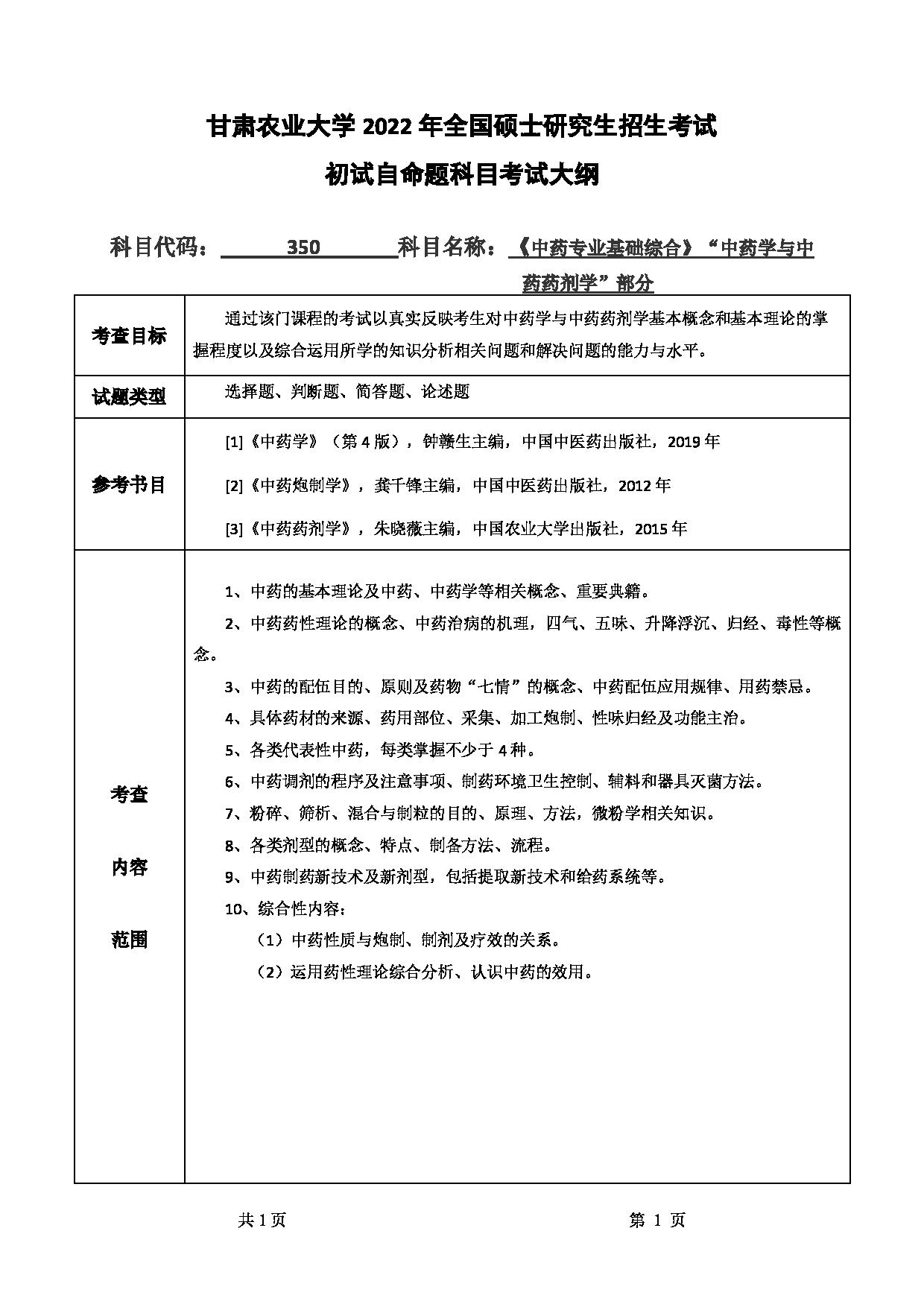 2022考研大纲：甘肃农业大学2022年考研初试科目 350-《中药专业基础综合》（“中药学与中药药剂学”部分)考试大纲 考试大纲第1页