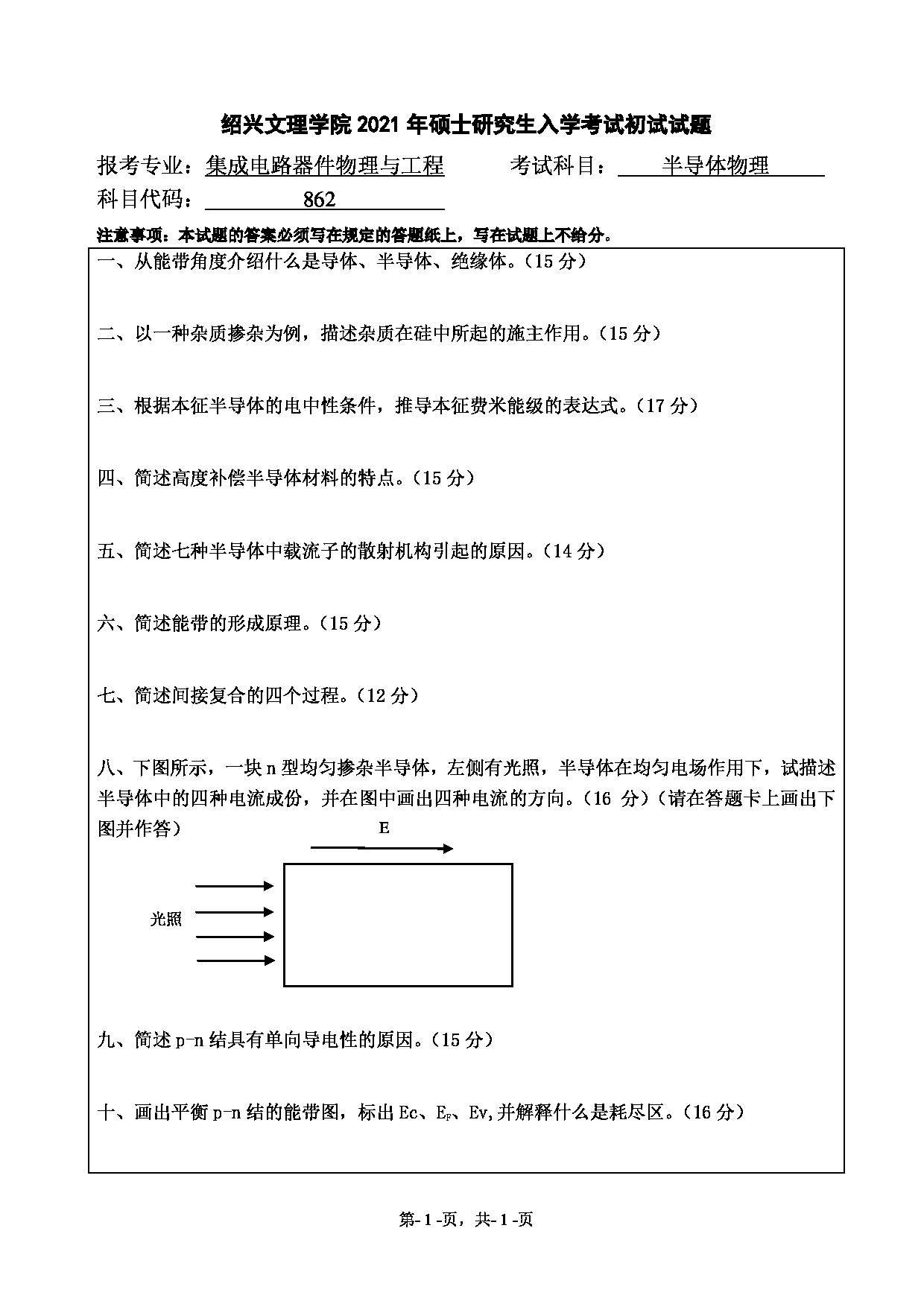 2021考研真题：绍兴文理学院2021年考研自命题科目 862 半导体物理 考试真题第1页