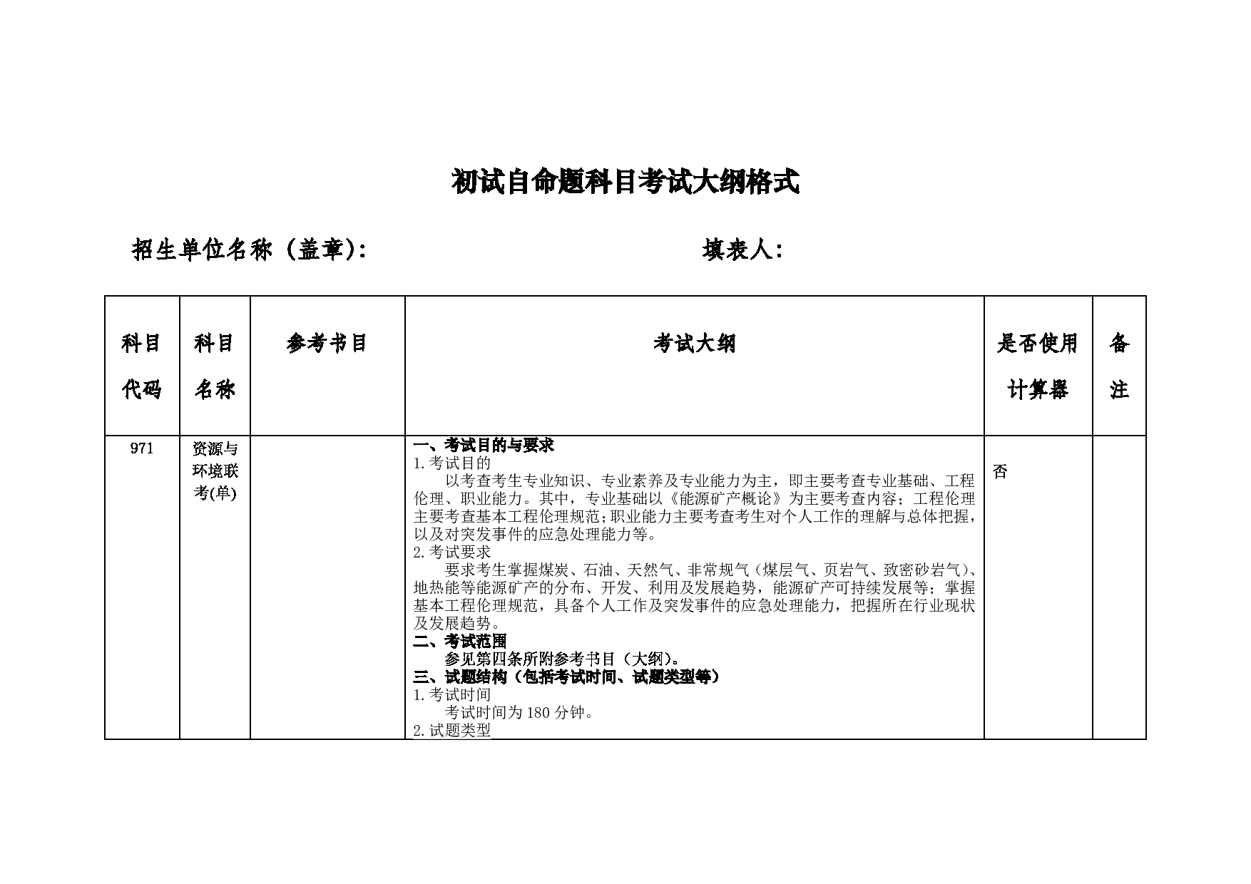 2022考研大纲：中国矿业大学2022年考研单独考试 971资源与环境联考（单） 考试大纲第1页