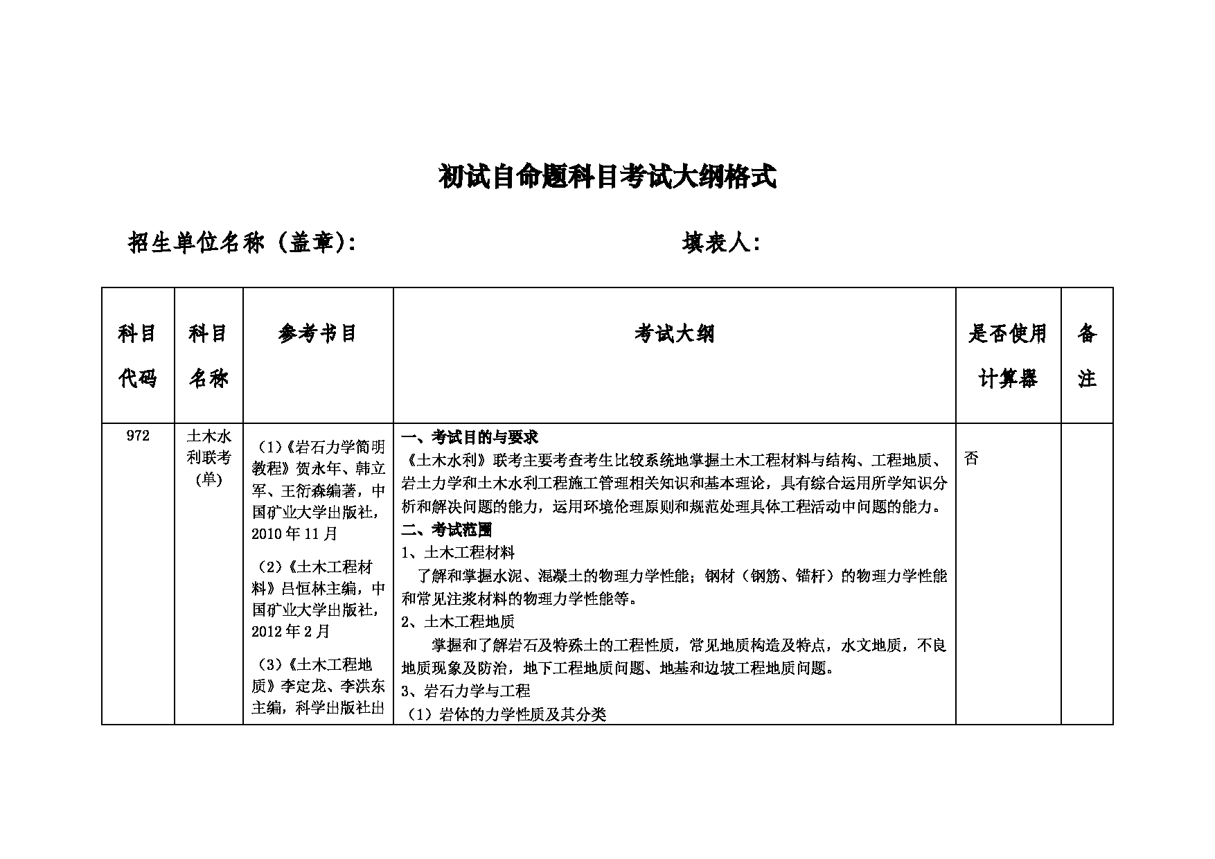 2022考研大纲：中国矿业大学2022年考研单独考试 972土木水利联考（单） 考试大纲第1页