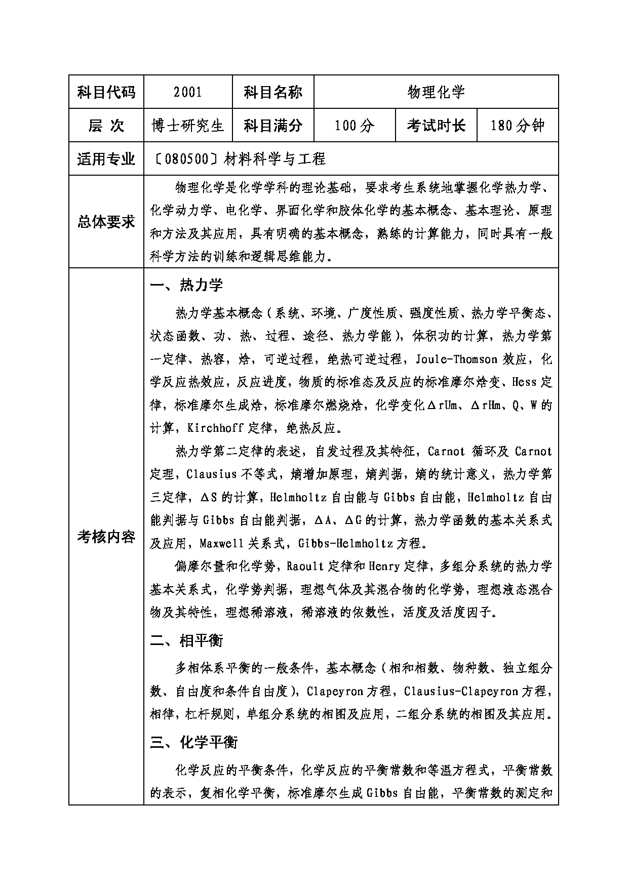 2022考研大纲：西南科技大学2022年博士自命题科目 2001 物理化学 考试大纲第1页