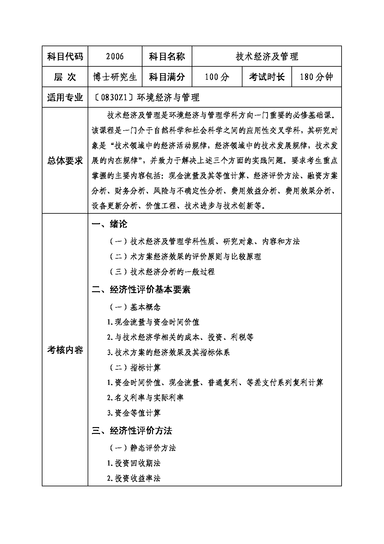 2022考研大纲：西南科技大学2022年博士自命题科目 2006 技术经济及管理 考试大纲第1页