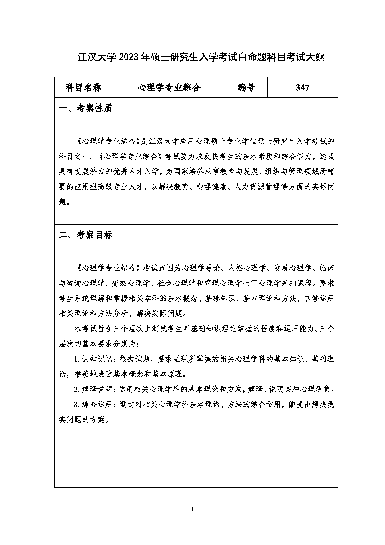 2023考研大纲：江汉大学2023年考研自命题科目 347心理学专业综合 考试大纲第1页