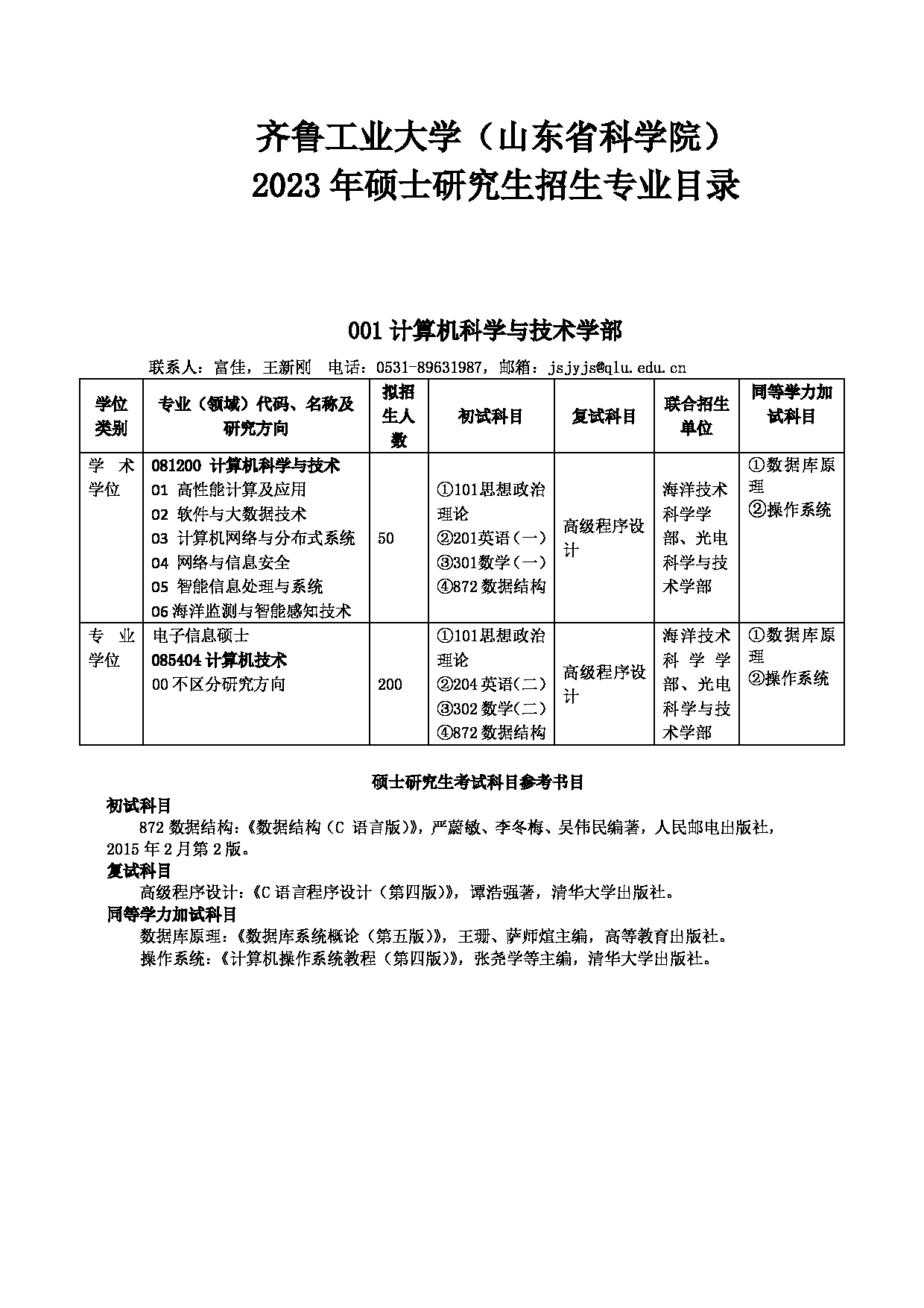 2023招生目录：齐鲁工业大学（山东省科学院）2023年硕士研究生招生目录第1页