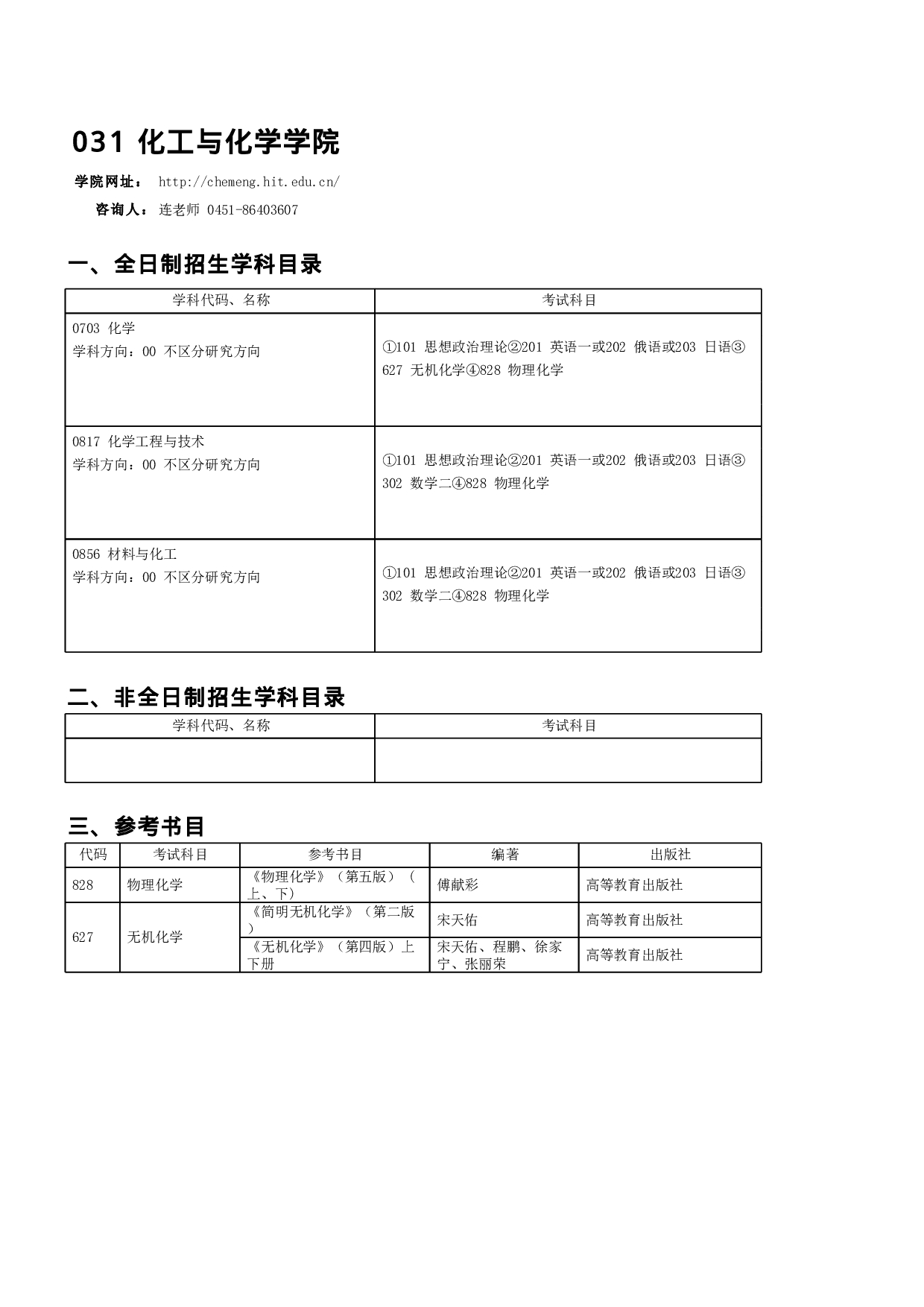 2023招生目录：哈尔滨工业大学2023年 化工与化学学院 研究生招生专业目录第1页