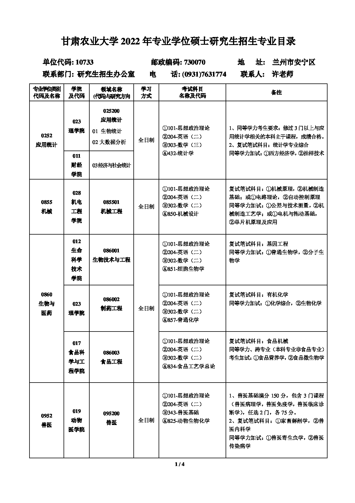 2022招生目录：甘肃农业大学2022年硕士研究生招生专业目录第1页