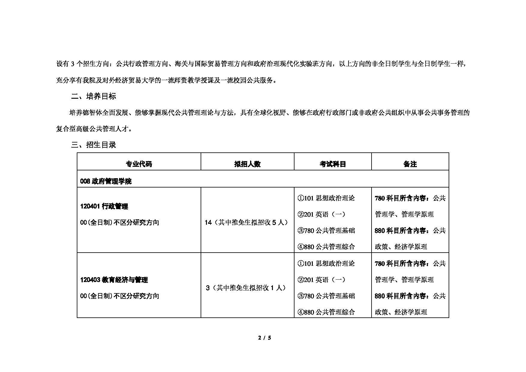 2023考研招生目录：对外经济贸易大学2023年考研 （008）政府管理学院 招生专业目录第2页