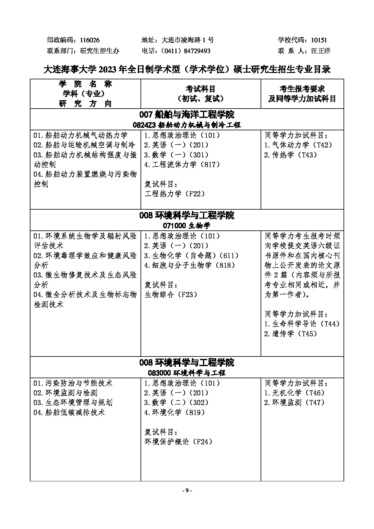 2023招生目录：大连海事大学2023年硕士研究生招生专业目录第9页