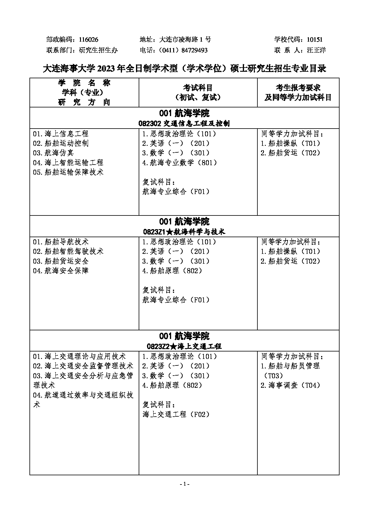 2023招生目录：大连海事大学2023年硕士研究生招生专业目录第1页