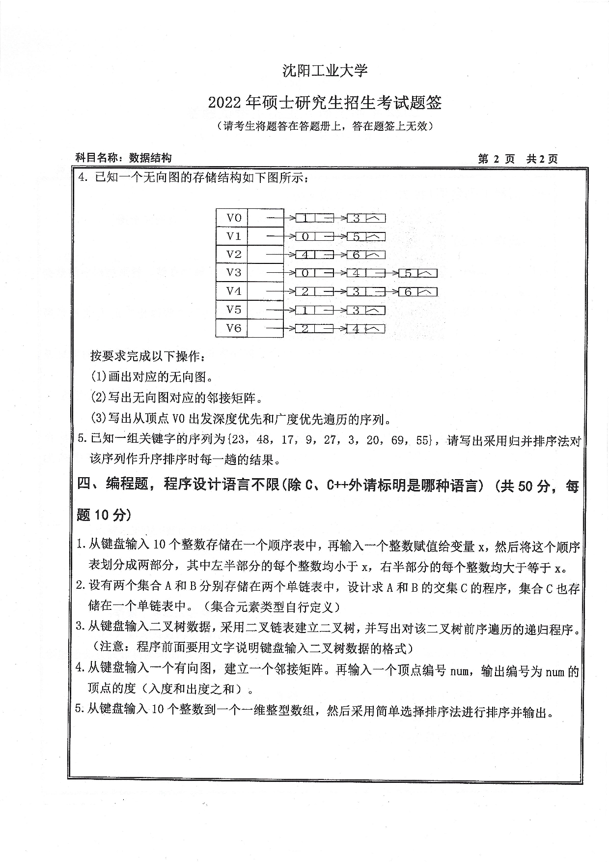 2022考研真题：沈阳工业大学2022年考研自命题科目  808 数据结构（2022）  考试真题第2页