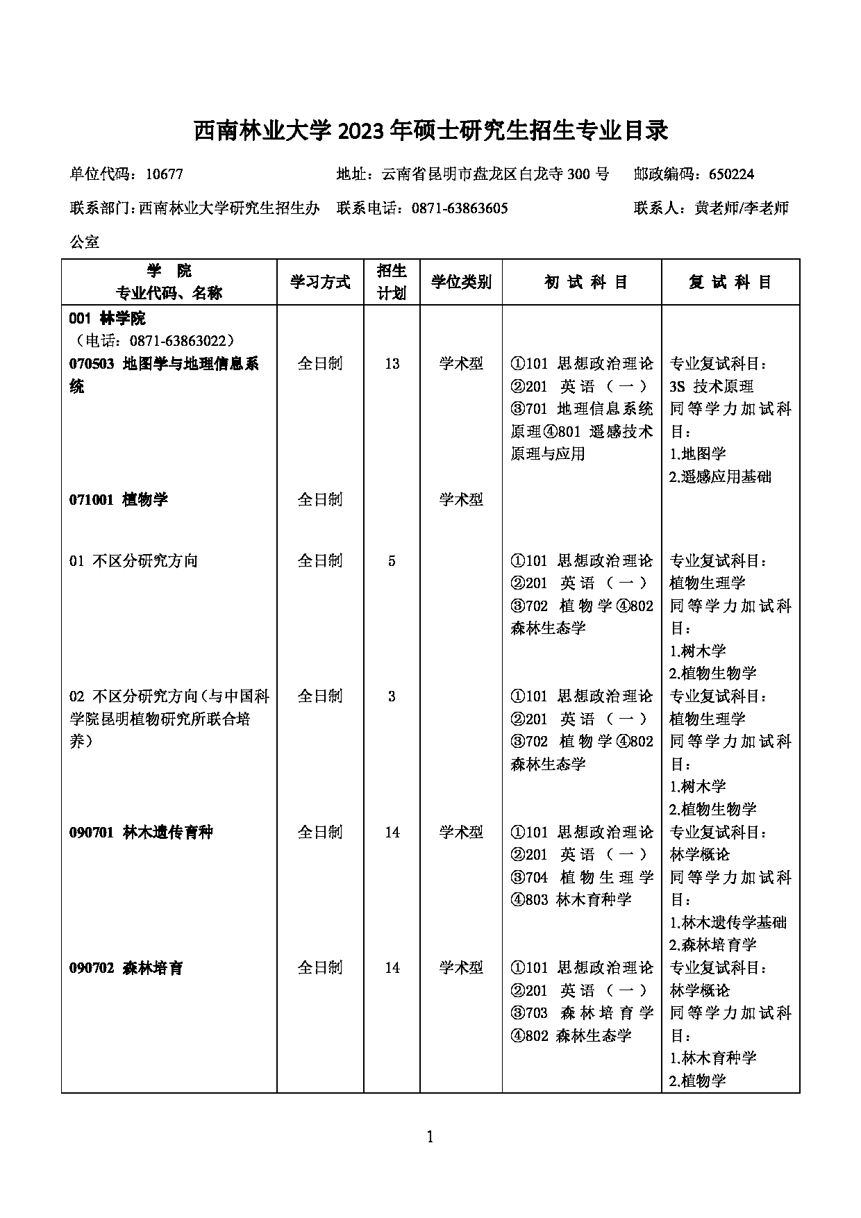 2023招生目录：西南林业大学2023年硕士研究生招生专业目录第1页