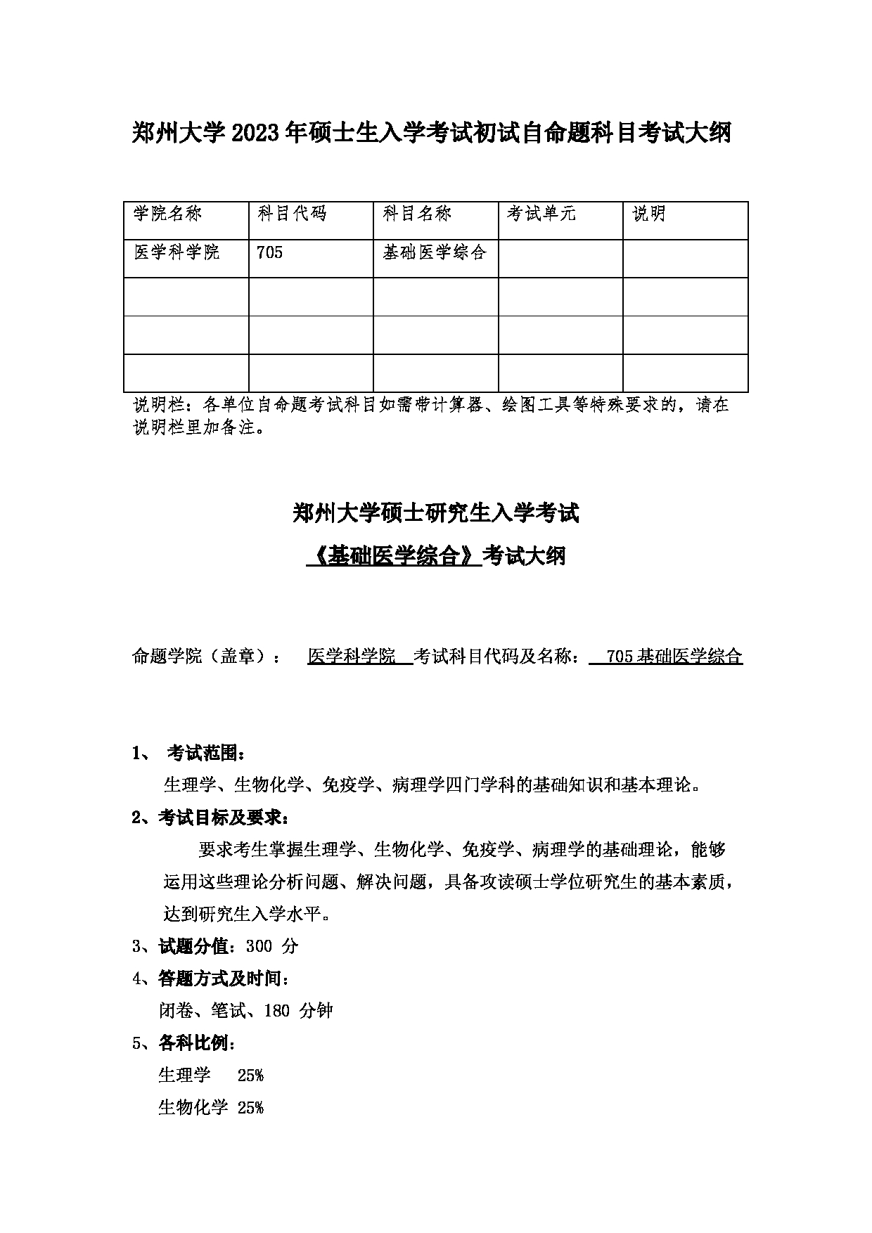 2023考研大纲：郑州大学2023年考研自命题科目 705基础医学综合 考试大纲第1页