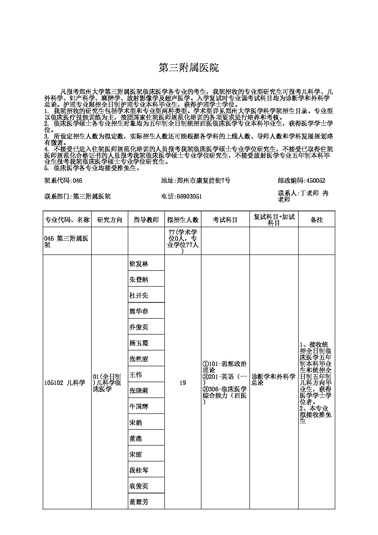 2023招生目录：郑州大学2023年考研  046第三附属医院 招生专业目录第1页