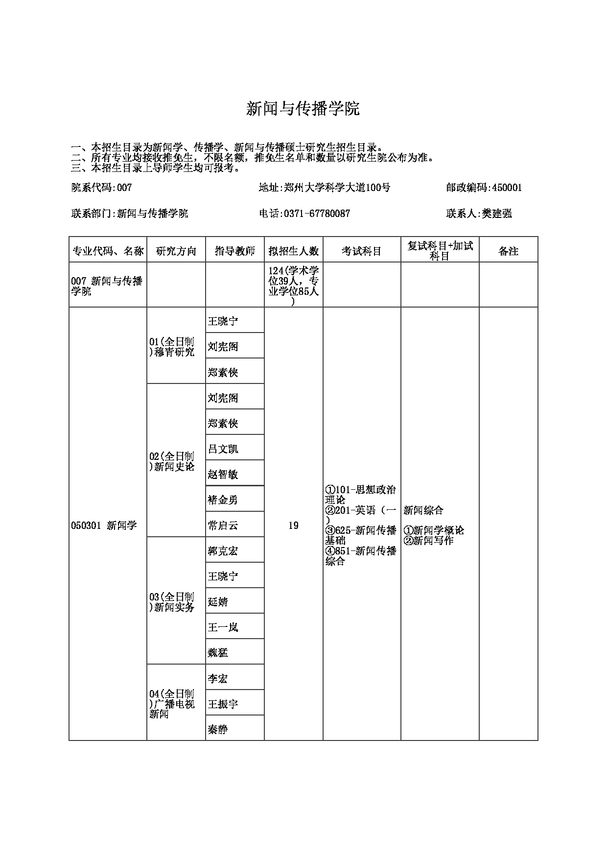 2023招生目录：郑州大学2023年考研  007新闻与传播学院 招生专业目录第1页