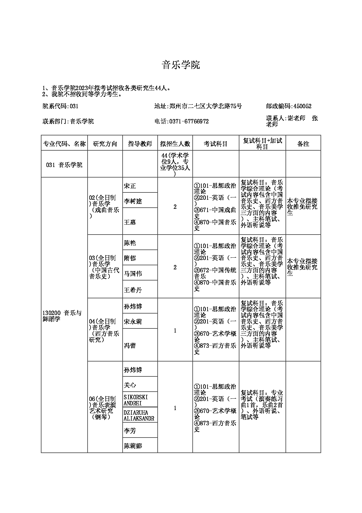 2023招生目录：郑州大学2023年考研  031音乐学院 招生专业目录第1页