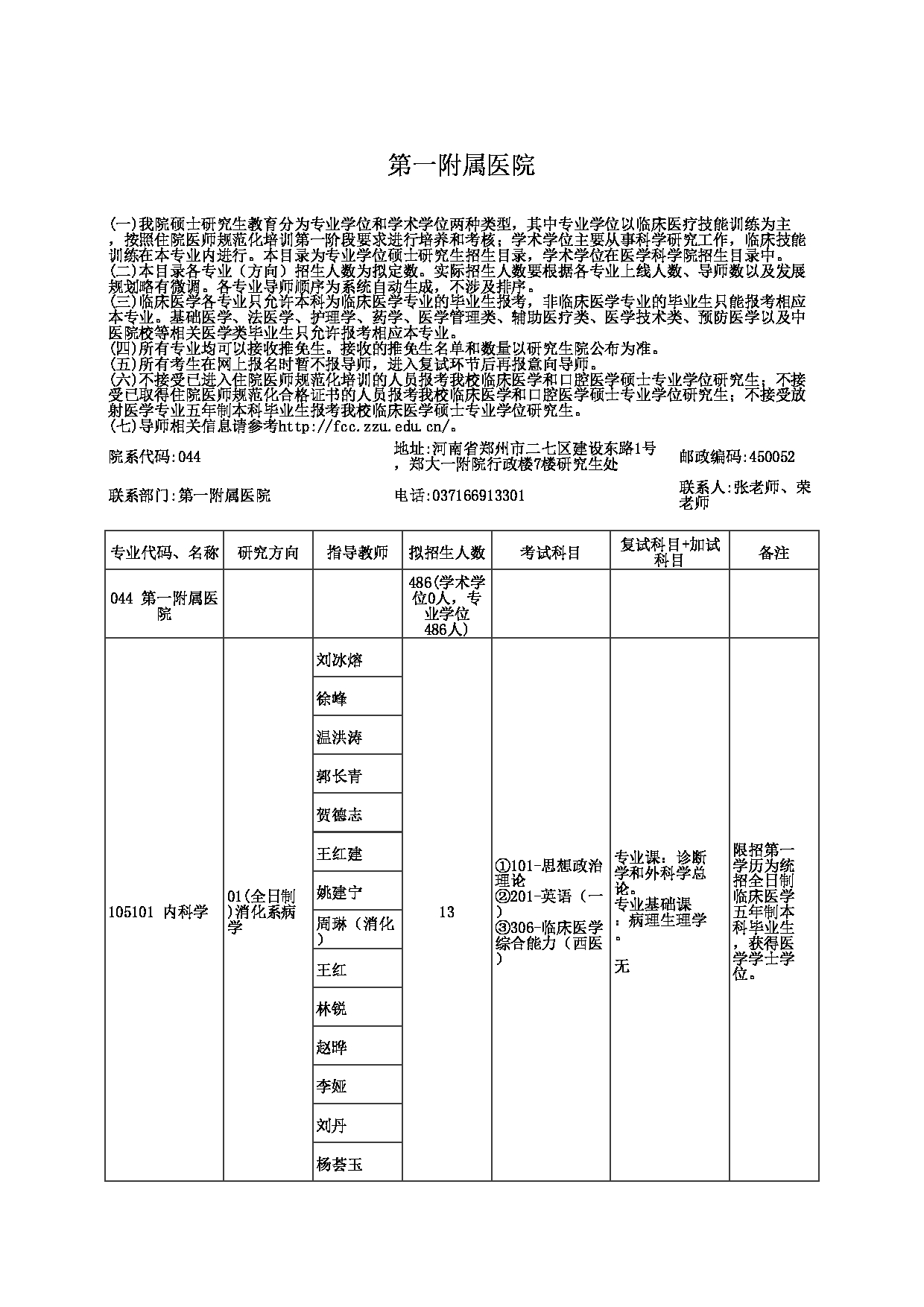 2023招生目录：郑州大学2023年考研  044第一附属医院 招生专业目录第1页