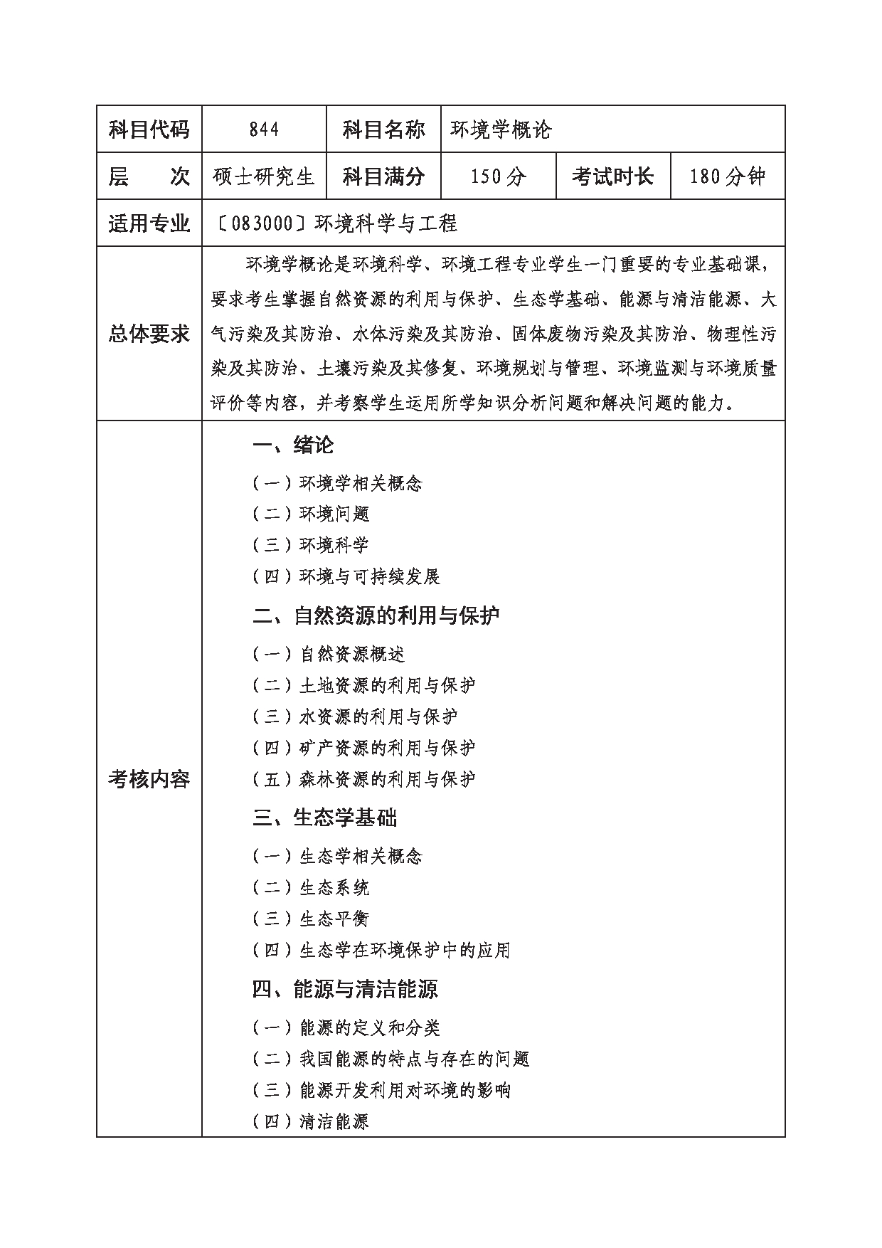 2023考研大纲：西南科技大学2023年考研自命题科目 844 环境学概论 考试大纲第1页