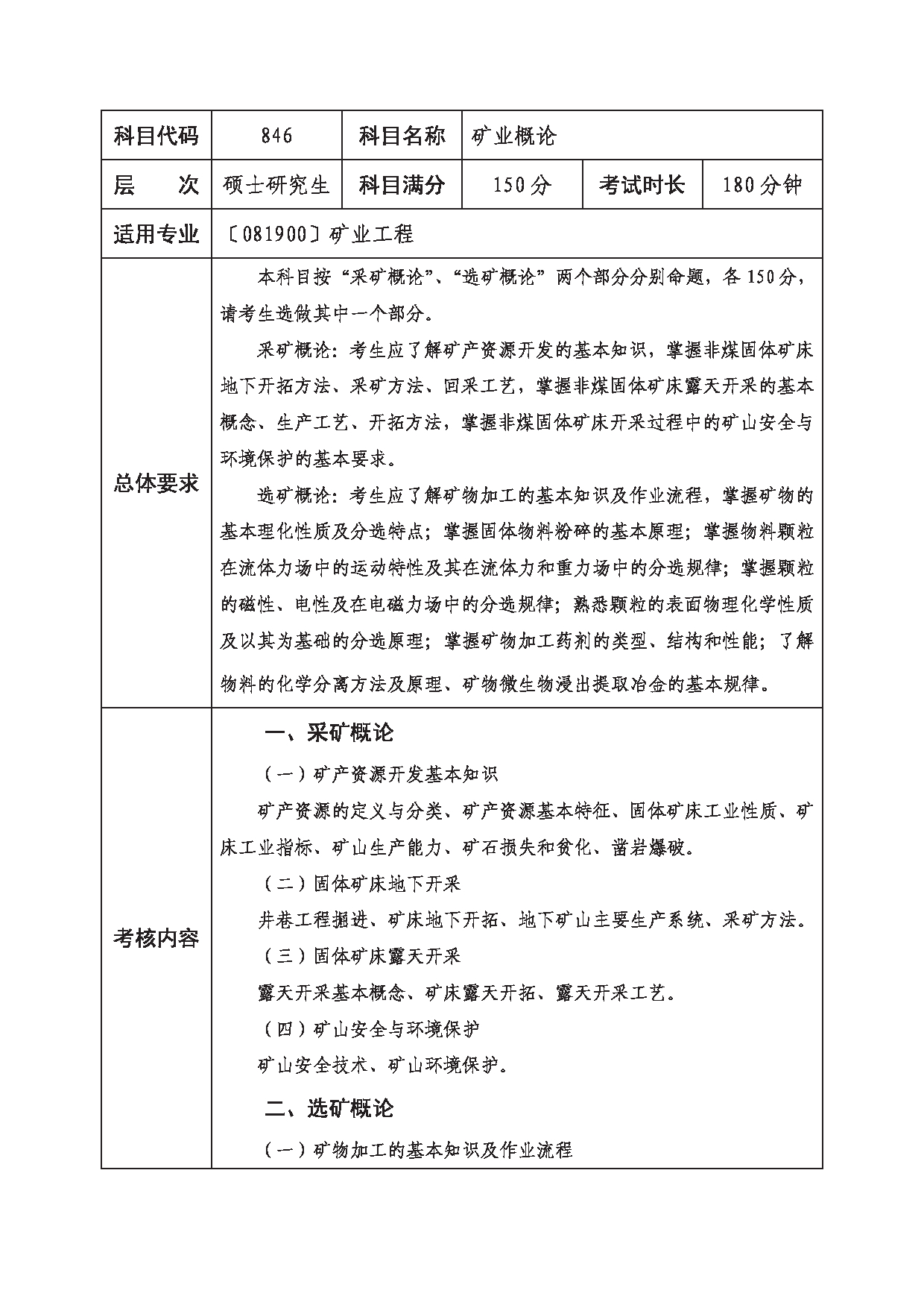 2023考研大纲：西南科技大学2023年考研自命题科目 846 矿业概论 考试大纲第1页