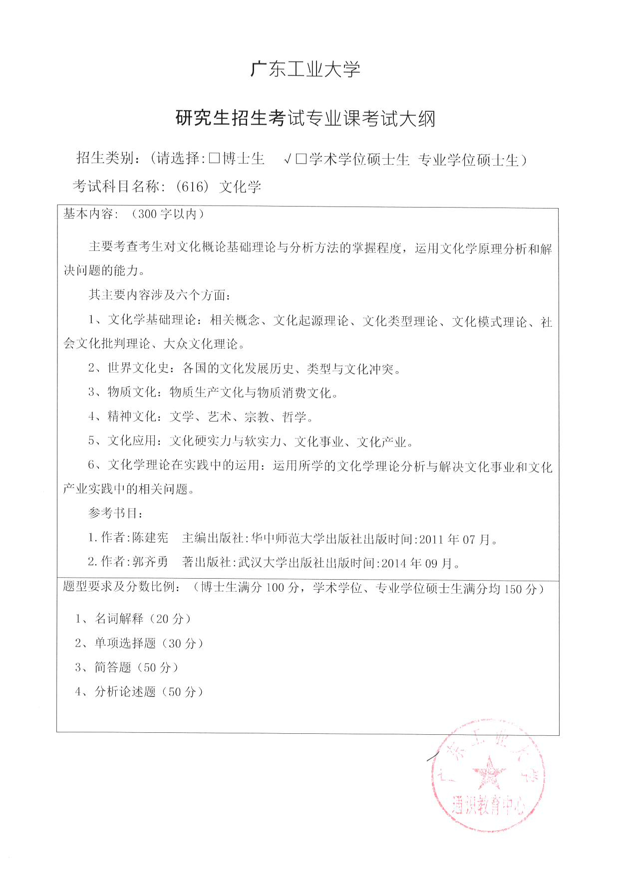 2023考研大纲：广东工业大学2023年考研自命题科目 (616)文化学 考试大纲第1页