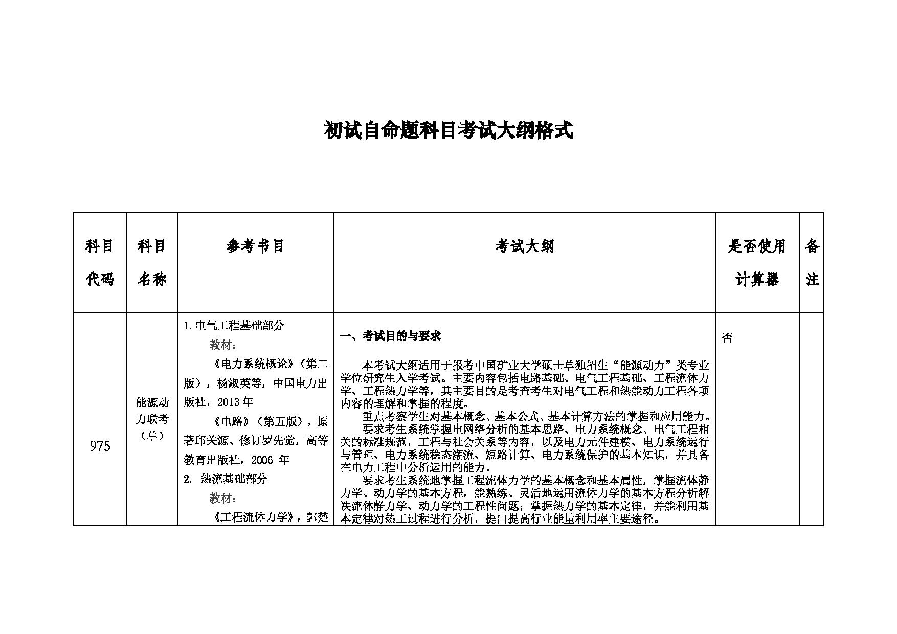 2023考研大纲：中国矿业大学2023年考研975能源动力联考（单） 考试大纲第1页