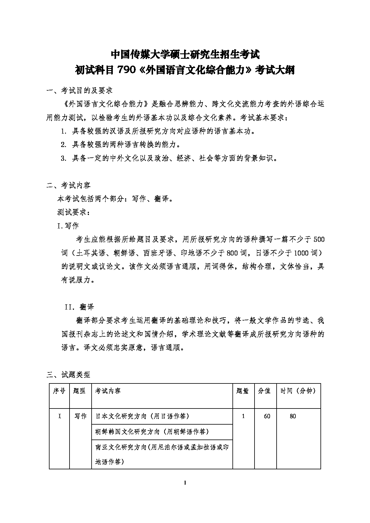 2024考研大纲：中国传媒大学2024年考研自命题科目 791外国语言文化综合能力 考试大纲第1页