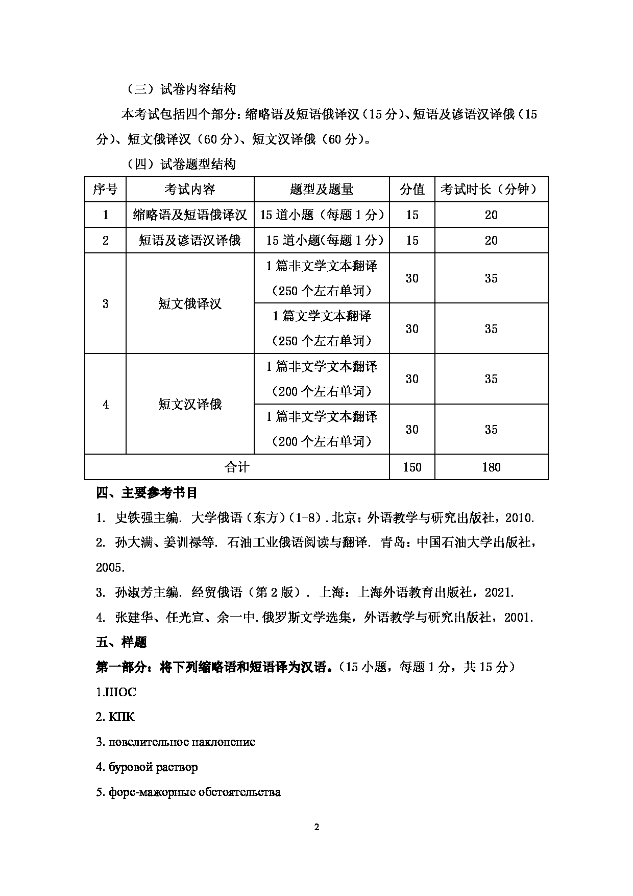 2024考研大纲：中国石油大学2024年考研自命题科目 358 俄语翻译基础 考试大纲第2页