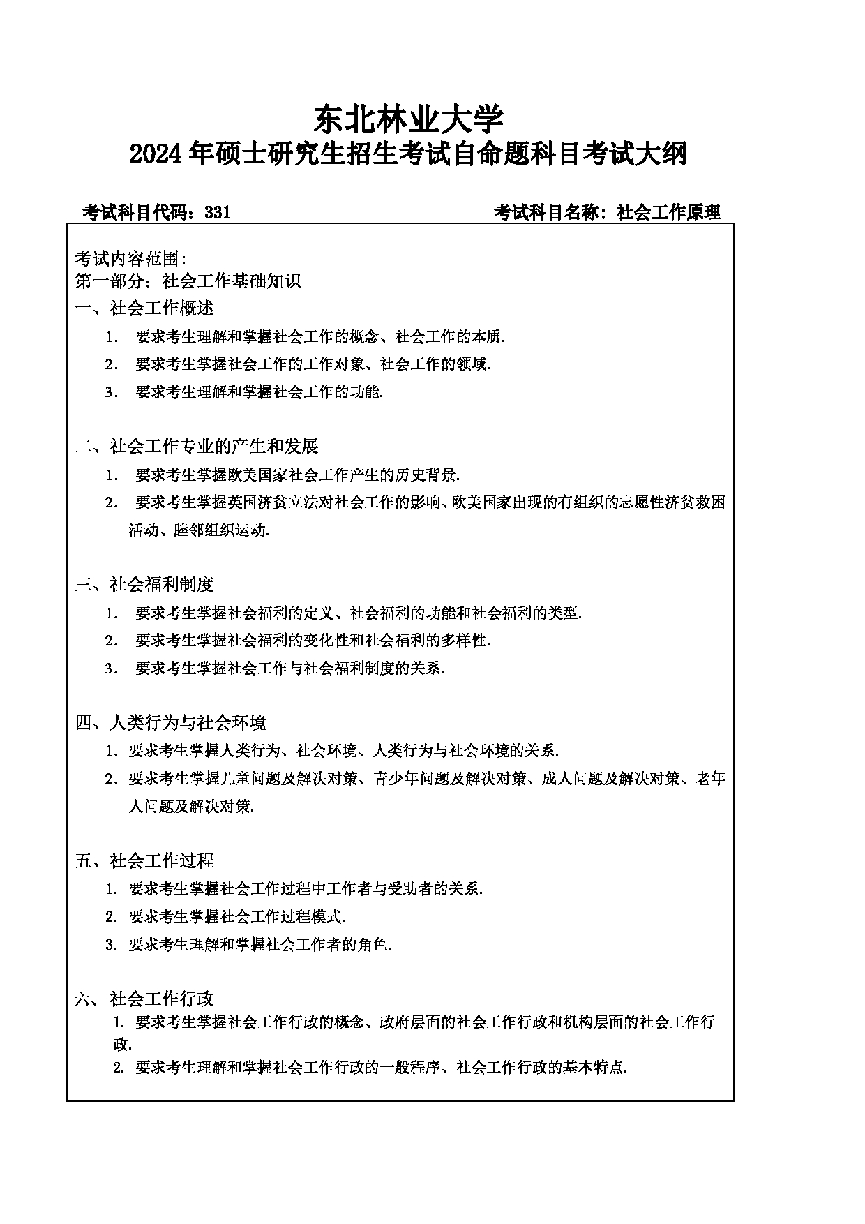 2024考研大纲：东北林业大学2024年考研自命题科目 010-文法学院 331-社会工作原理 考试大纲第1页