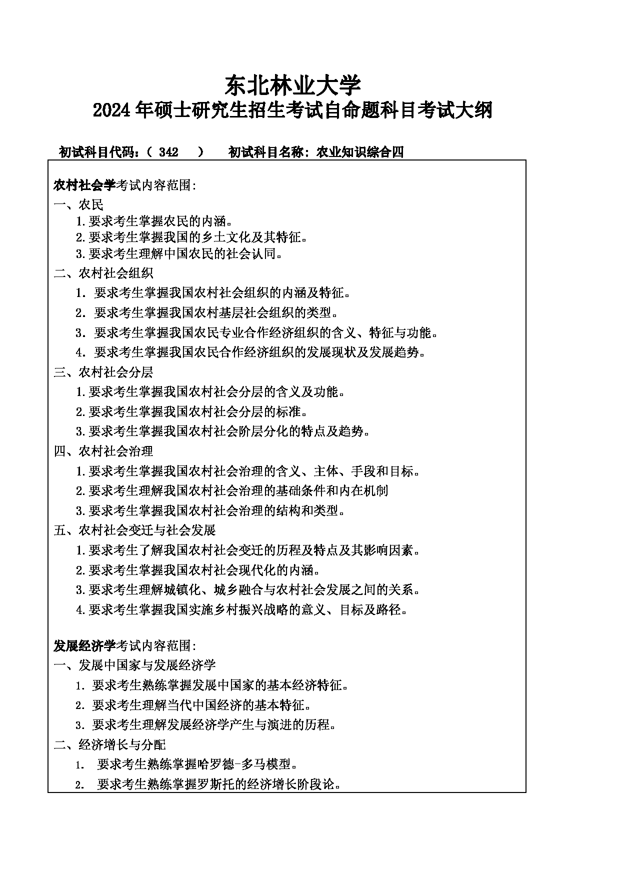 2024考研大纲：东北林业大学2024年考研自命题科目 005-经管学院 342-农业知识综合四 考试大纲第1页