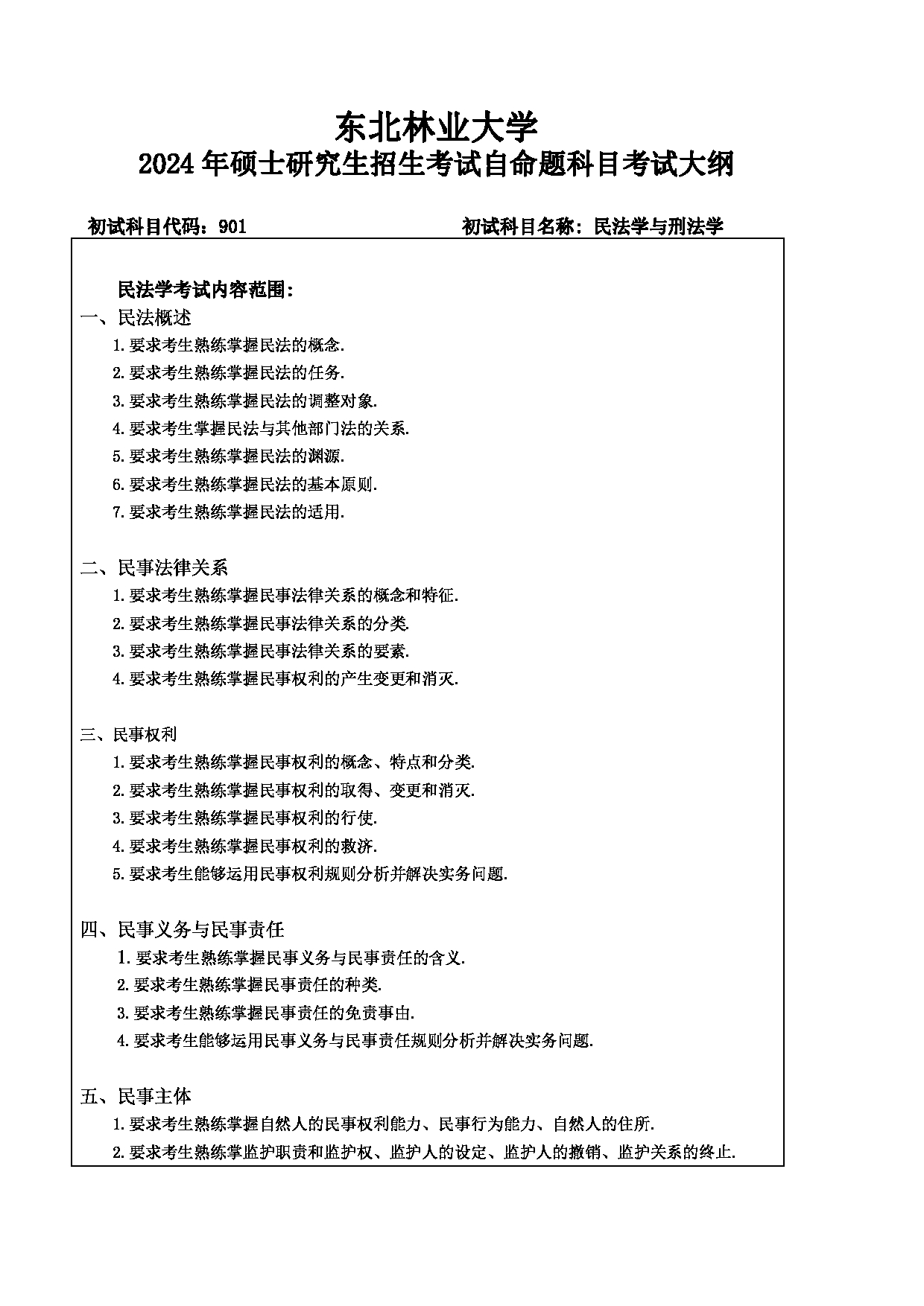 2024考研大纲：东北林业大学2024年考研自命题科目 010-文法学院 901-民法学与刑法学 考试大纲第1页