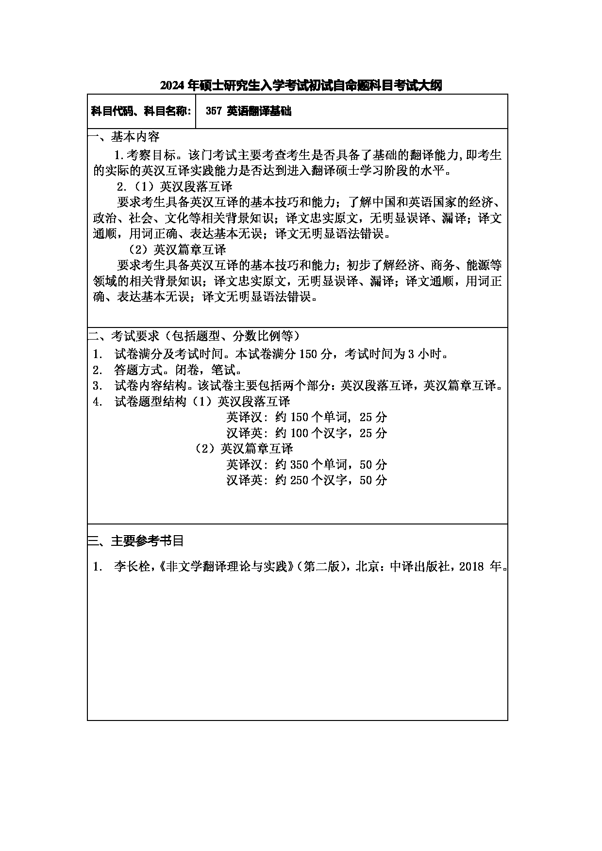 2024考研大纲：常州大学2024年考研自命题科目 357 英语翻译基础 考试大纲第1页