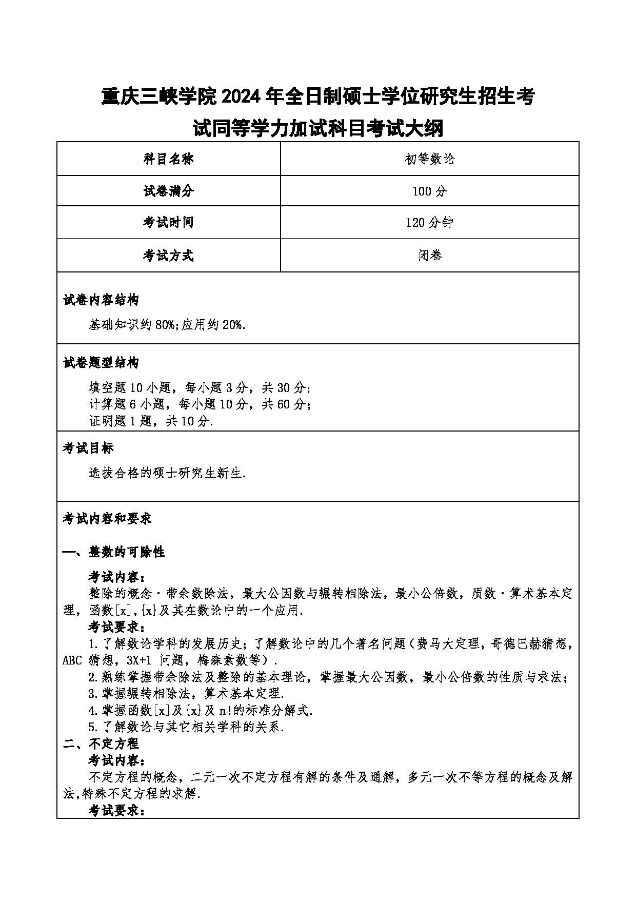 2024考研大纲：重庆三峡学院2024年考研 005数学与统计学院 3.同等学力加试科目初等数论 考试大纲第1页