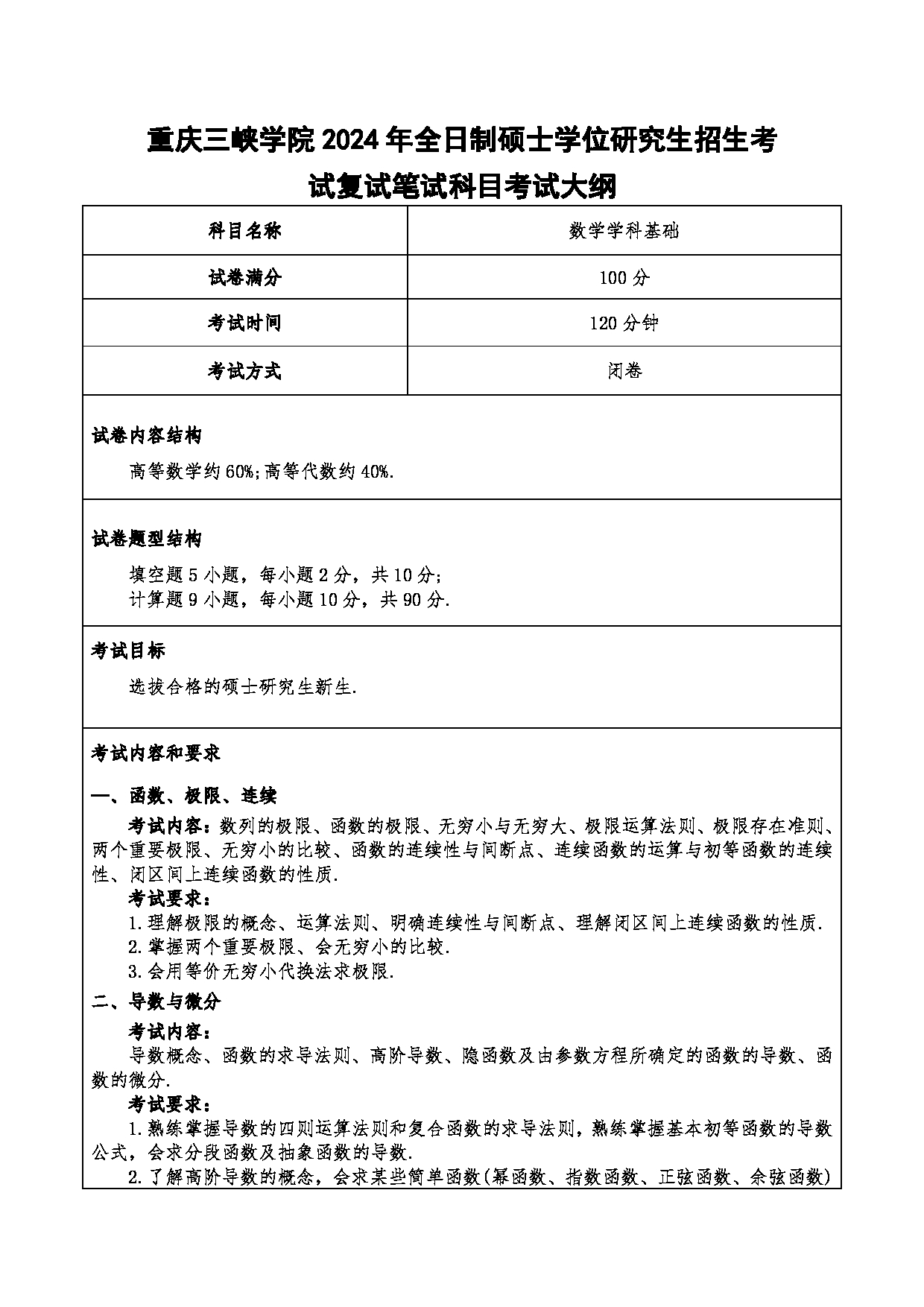 2024考研大纲：重庆三峡学院2024年考研 005数学与统计学院 2.复试笔试科目数学学科基础 考试大纲第1页