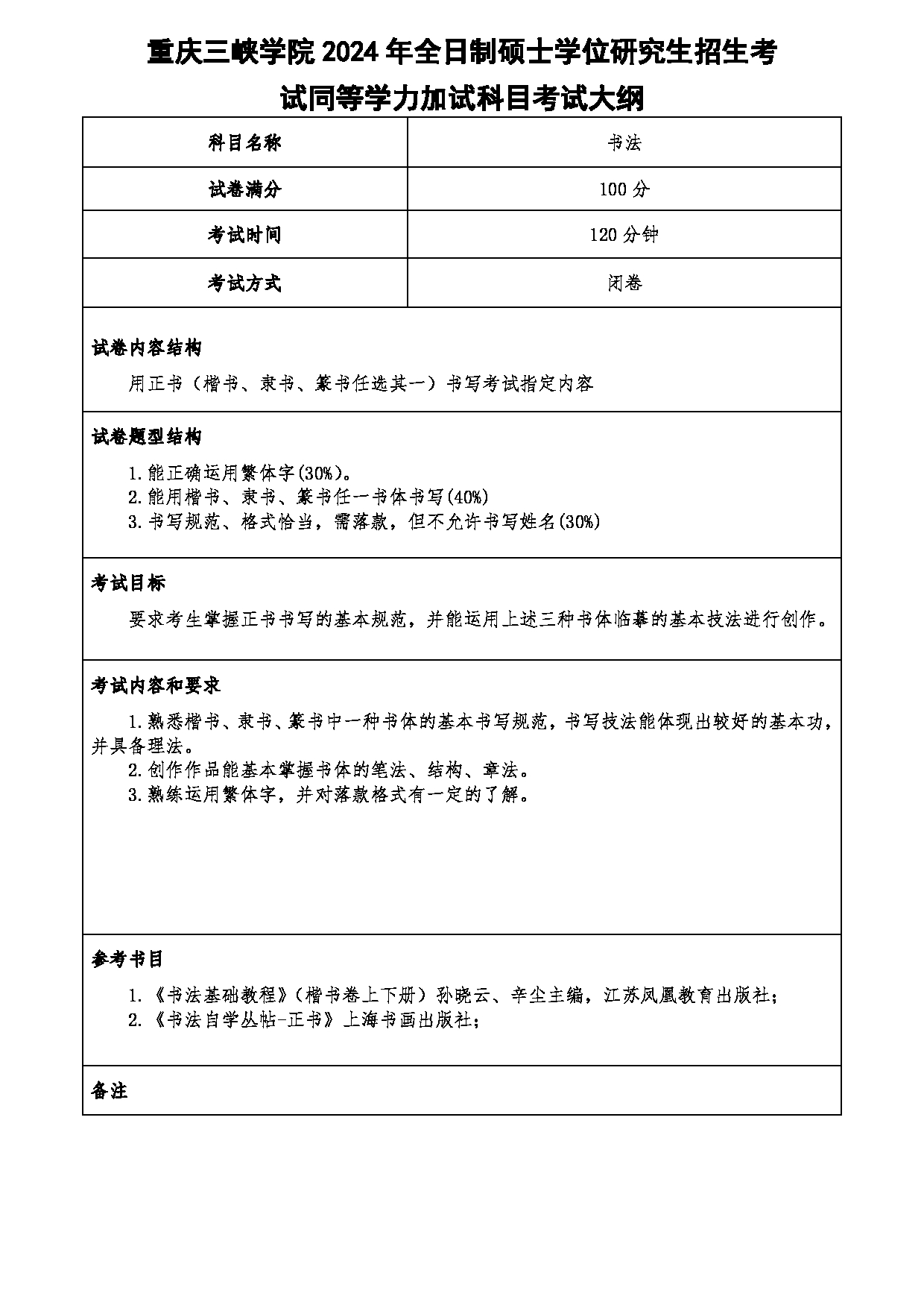 2024考研大纲：重庆三峡学院2024年考研 011美术学院 3.同等学力加试科目书法 考试大纲第1页