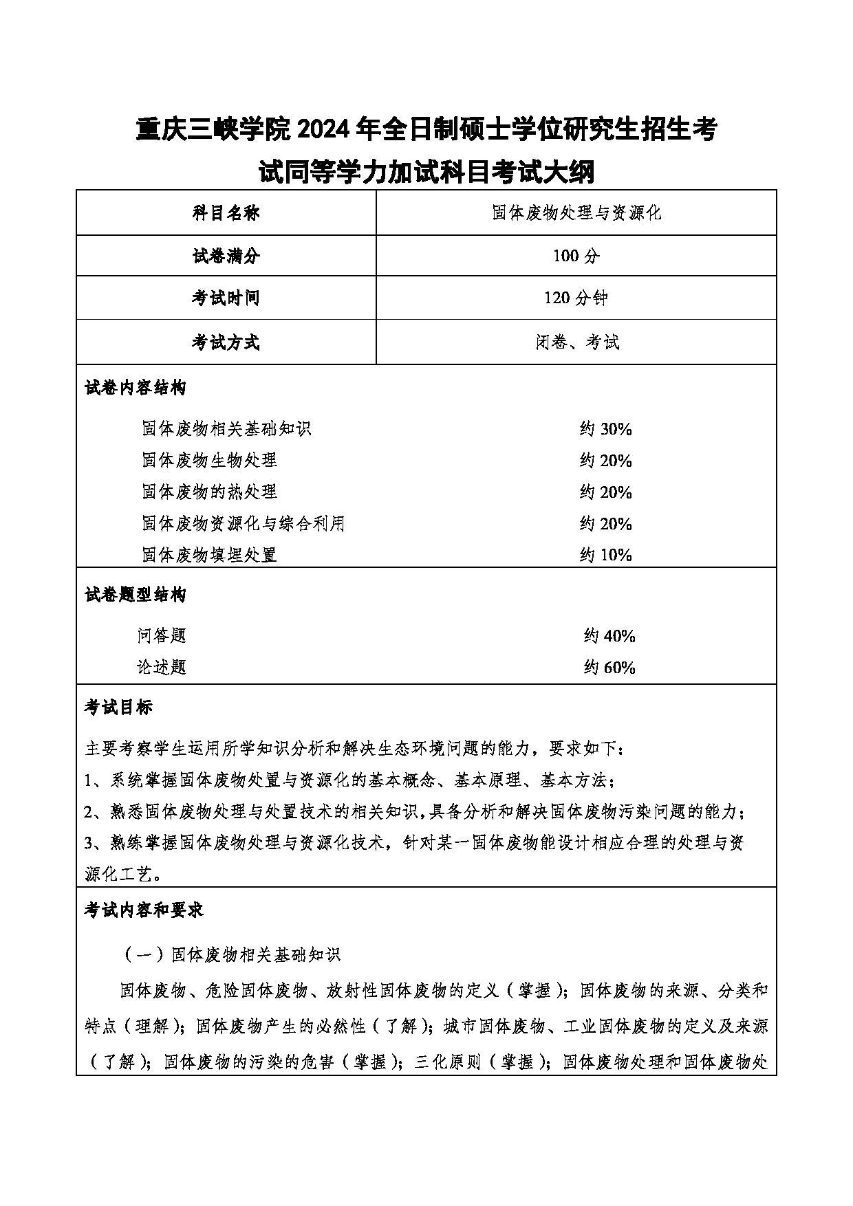 2024考研大纲：重庆三峡学院2024年考研 006环境与化学工程学院 3.同等学力加试科目固体废物处理与资源化 考试大纲第1页