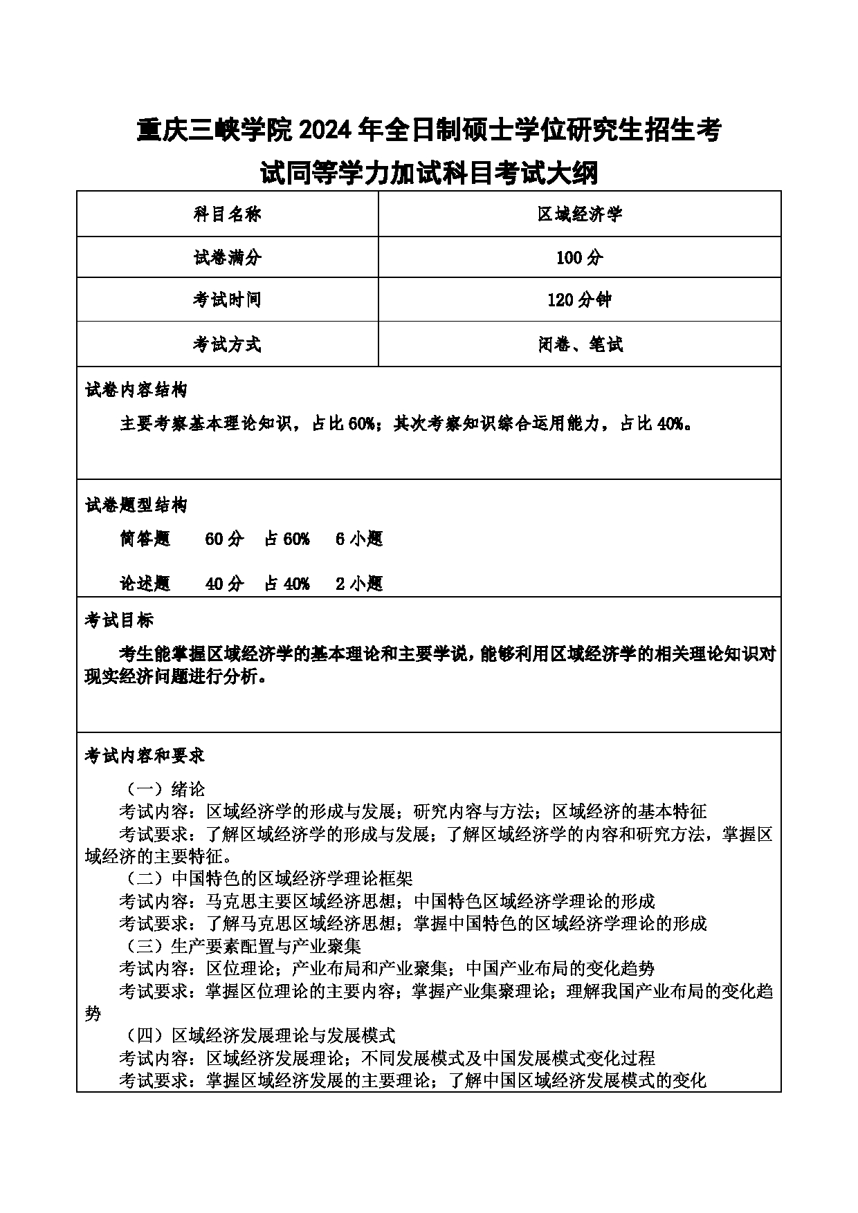 2024考研大纲：重庆三峡学院2024年考研 012财经学院 3.同等学力加试科目区域经济学 考试大纲第1页